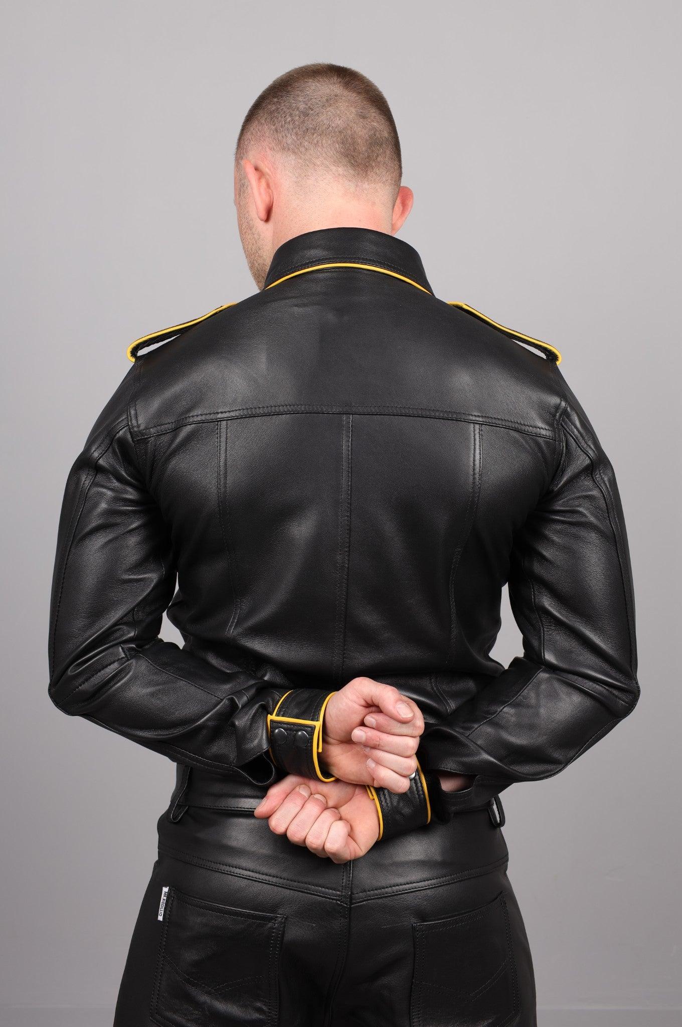 Black Leather Shirt Long Sleeves - Yellow Piping at MR. Riegillio