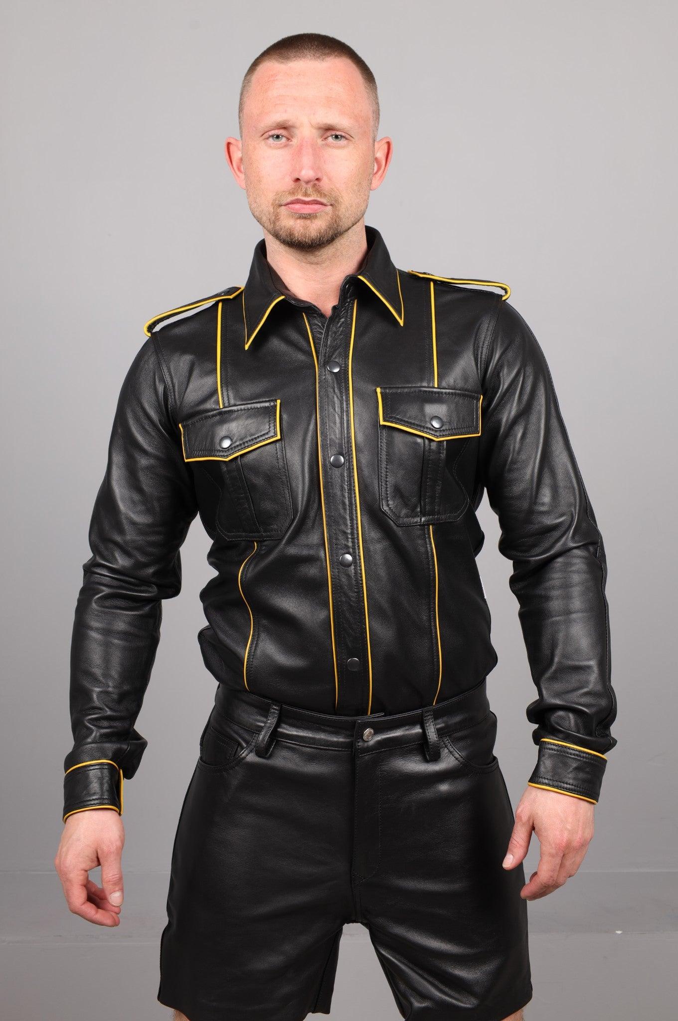 Black Leather Shirt Long Sleeves - Yellow Piping at MR. Riegillio