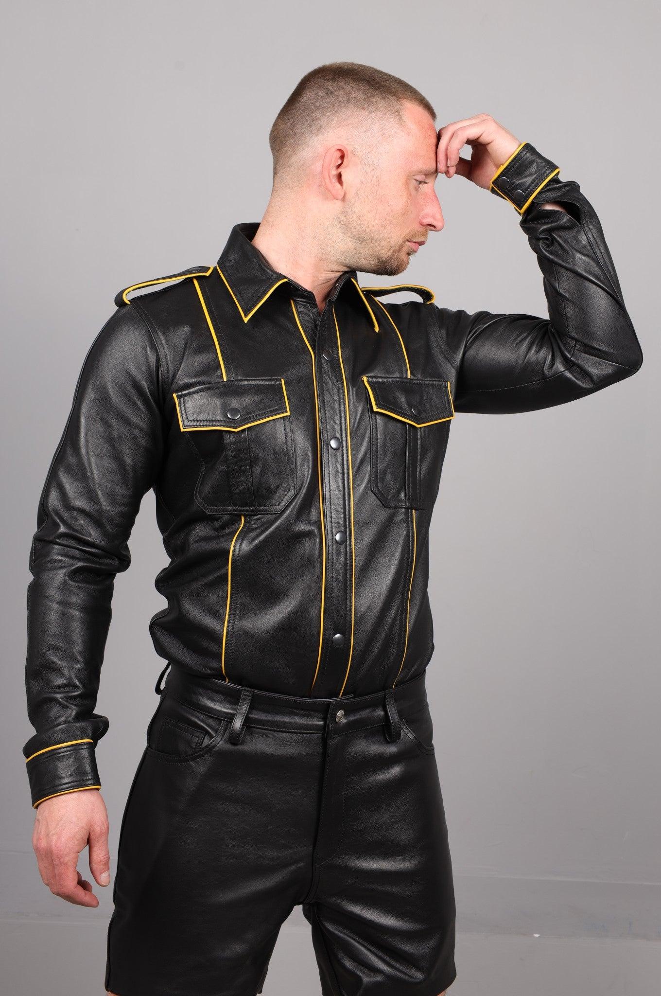Black Leather Shirt Long Sleeves - Yellow Piping at MR. Riegillio