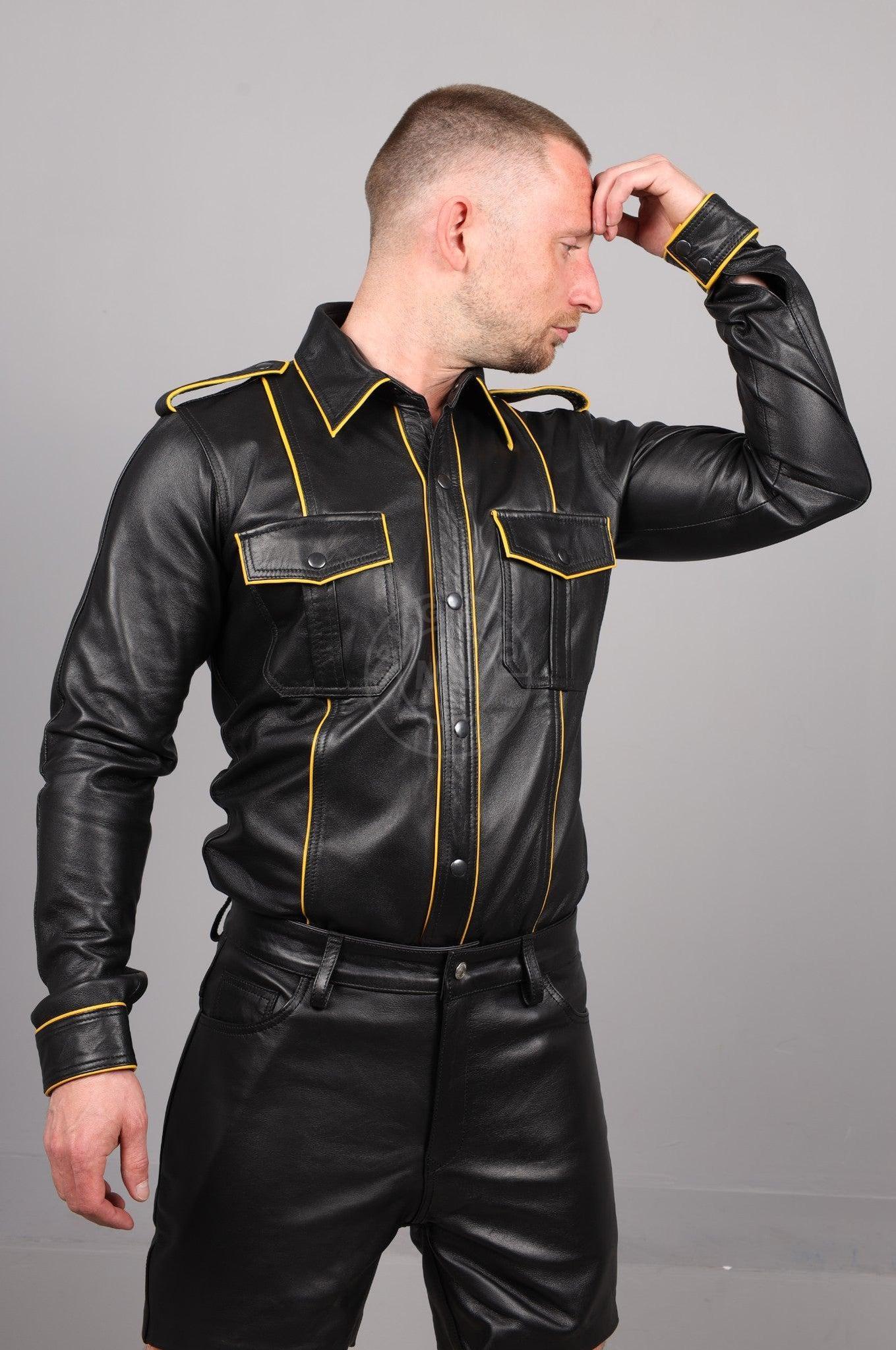 Black Leather Shirt Long Sleeves - Yellow Piping at MR. Riegillio