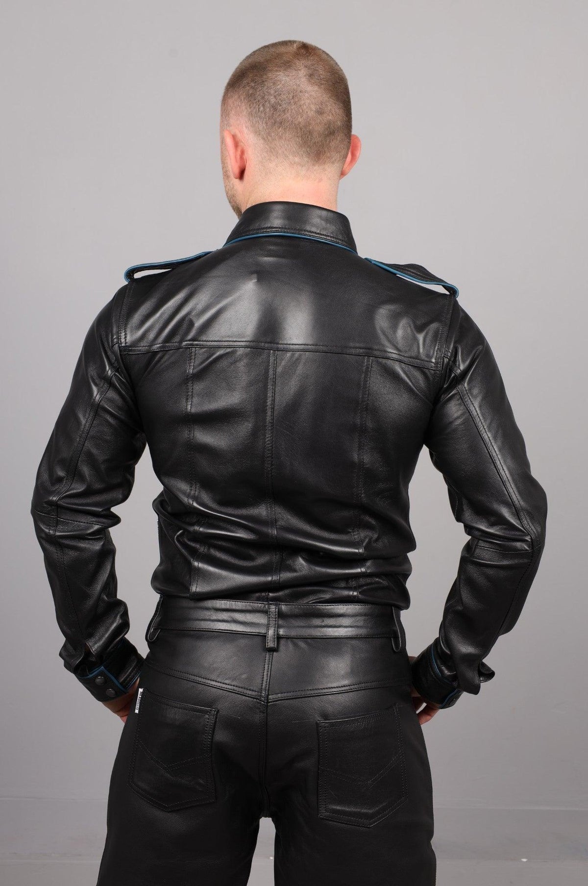 Black Leather Shirt Long Sleeves - Jeans Blue Piping at MR. Riegillio