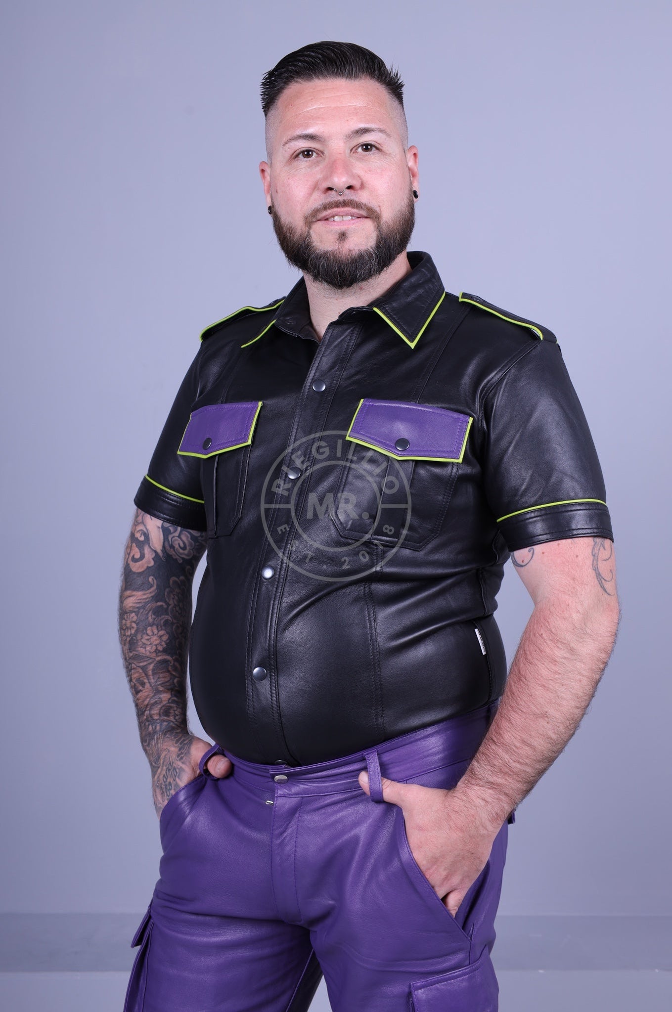 Black Leather Shirt - Lime Piping at MR. Riegillio