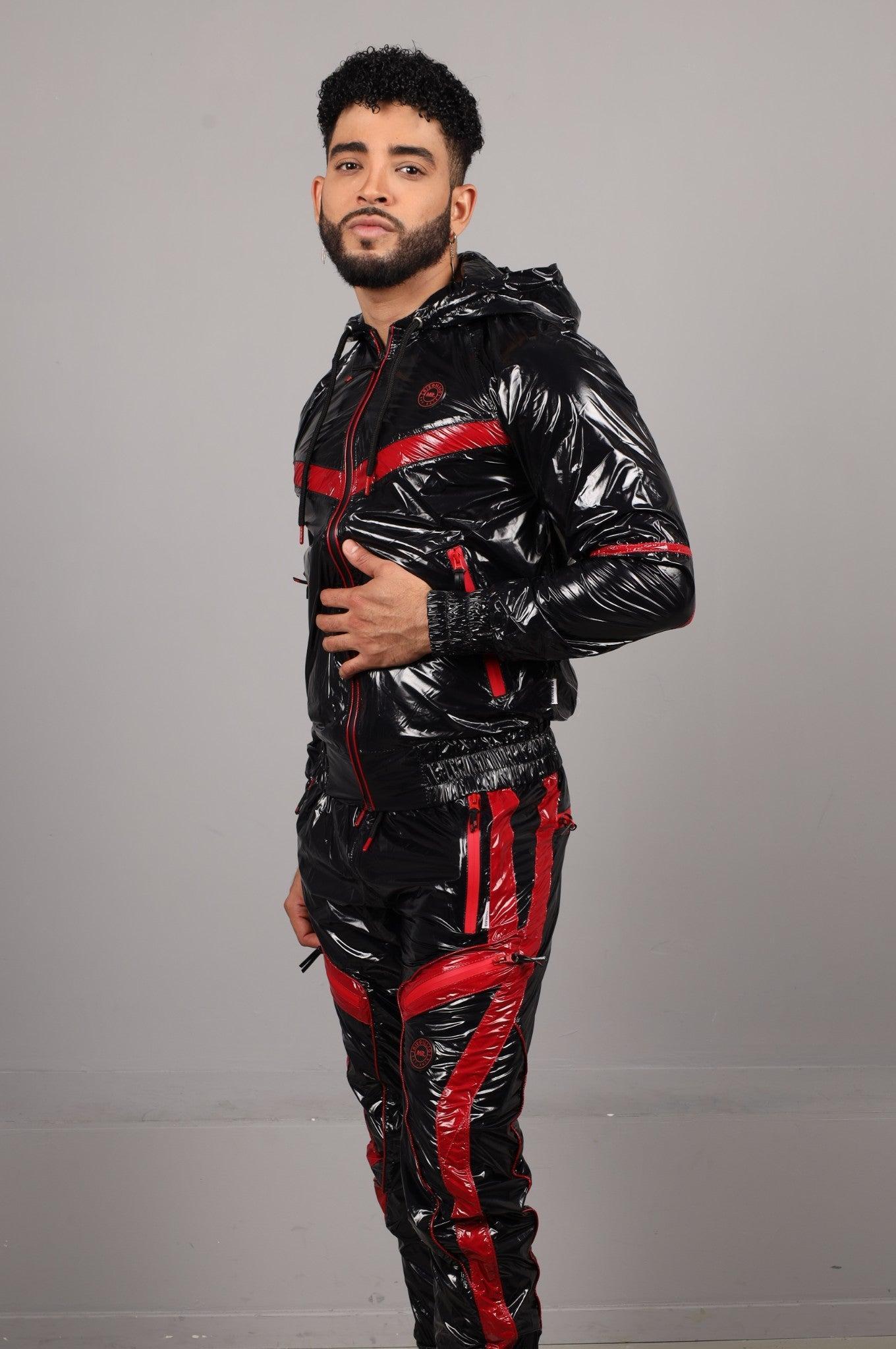 Shiny Nylon BASE Tracksuit Jacket - Red at MR. Riegillio