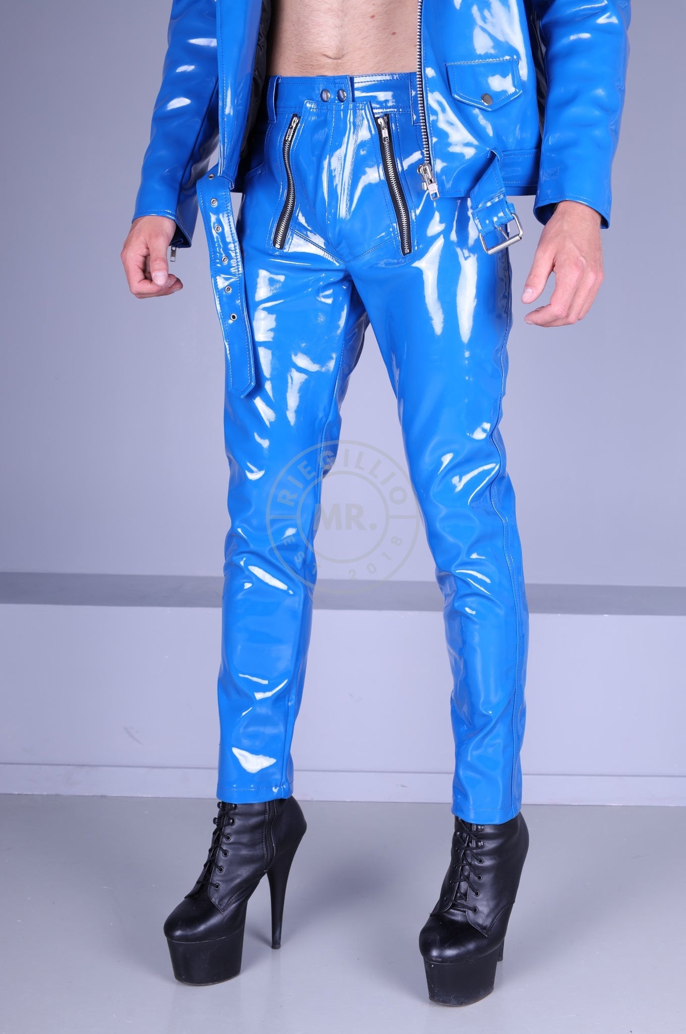 Blue Heavy PVC Pants - Front Zippers-at MR. Riegillio
