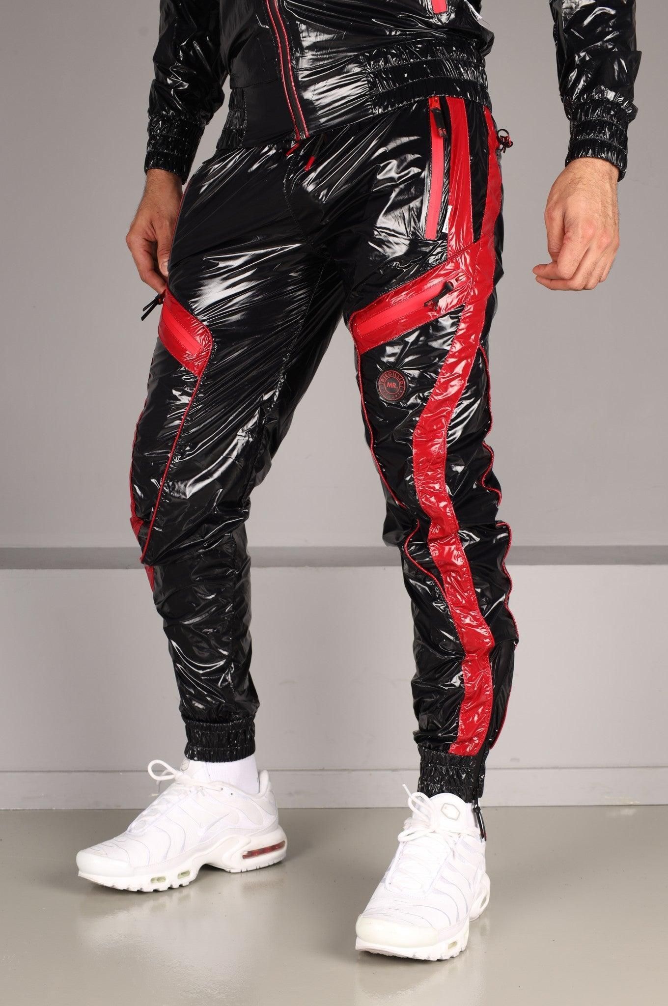 Shiny Nylon BASE Tracksuit Pants - Red at MR. Riegillio