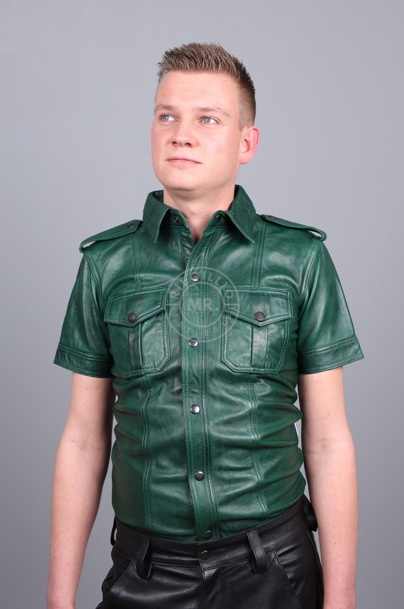 Washed Dark Green Leather Shirt at MR. Riegillio