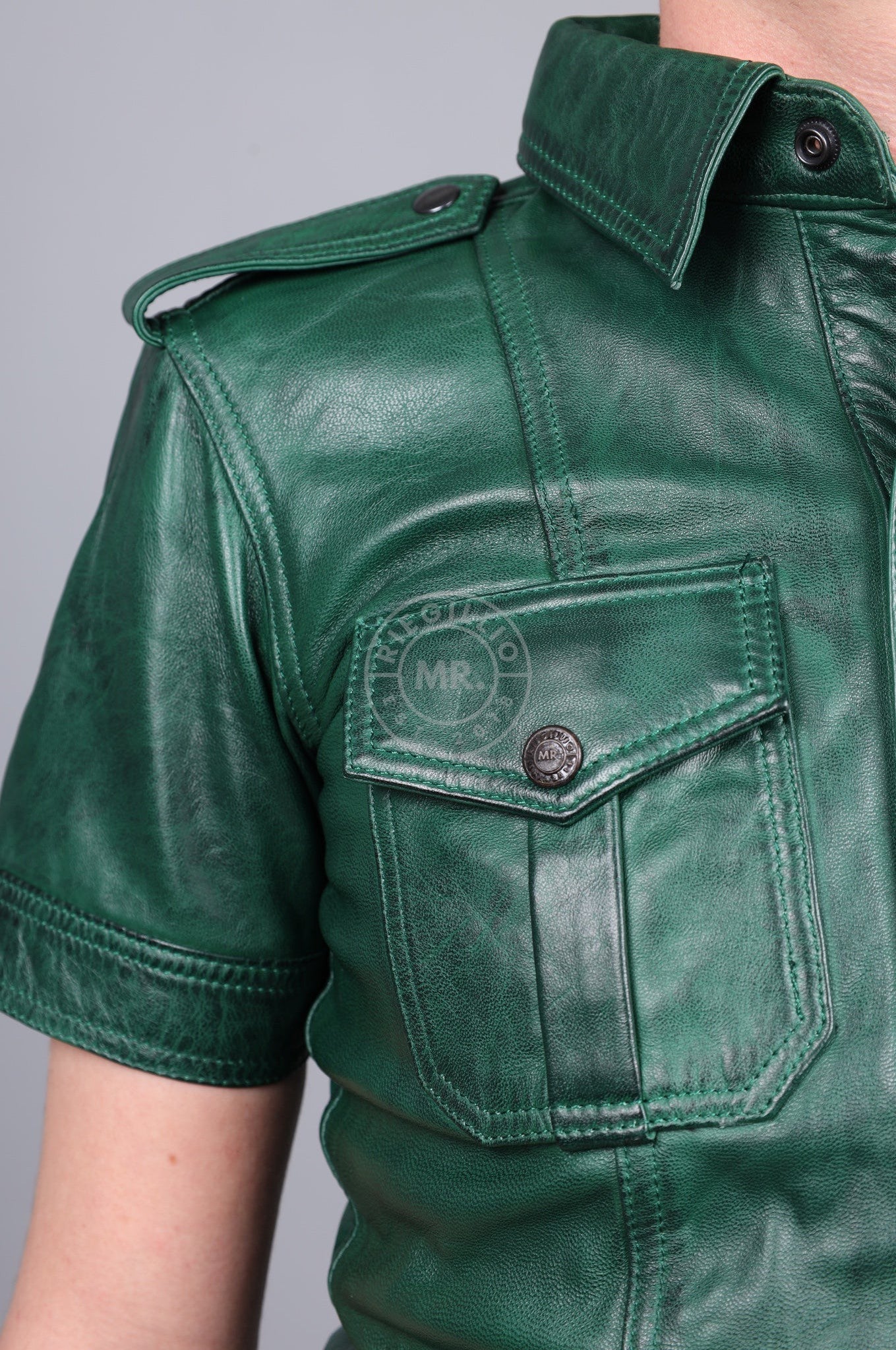 Washed Dark Green Leather Shirt at MR. Riegillio