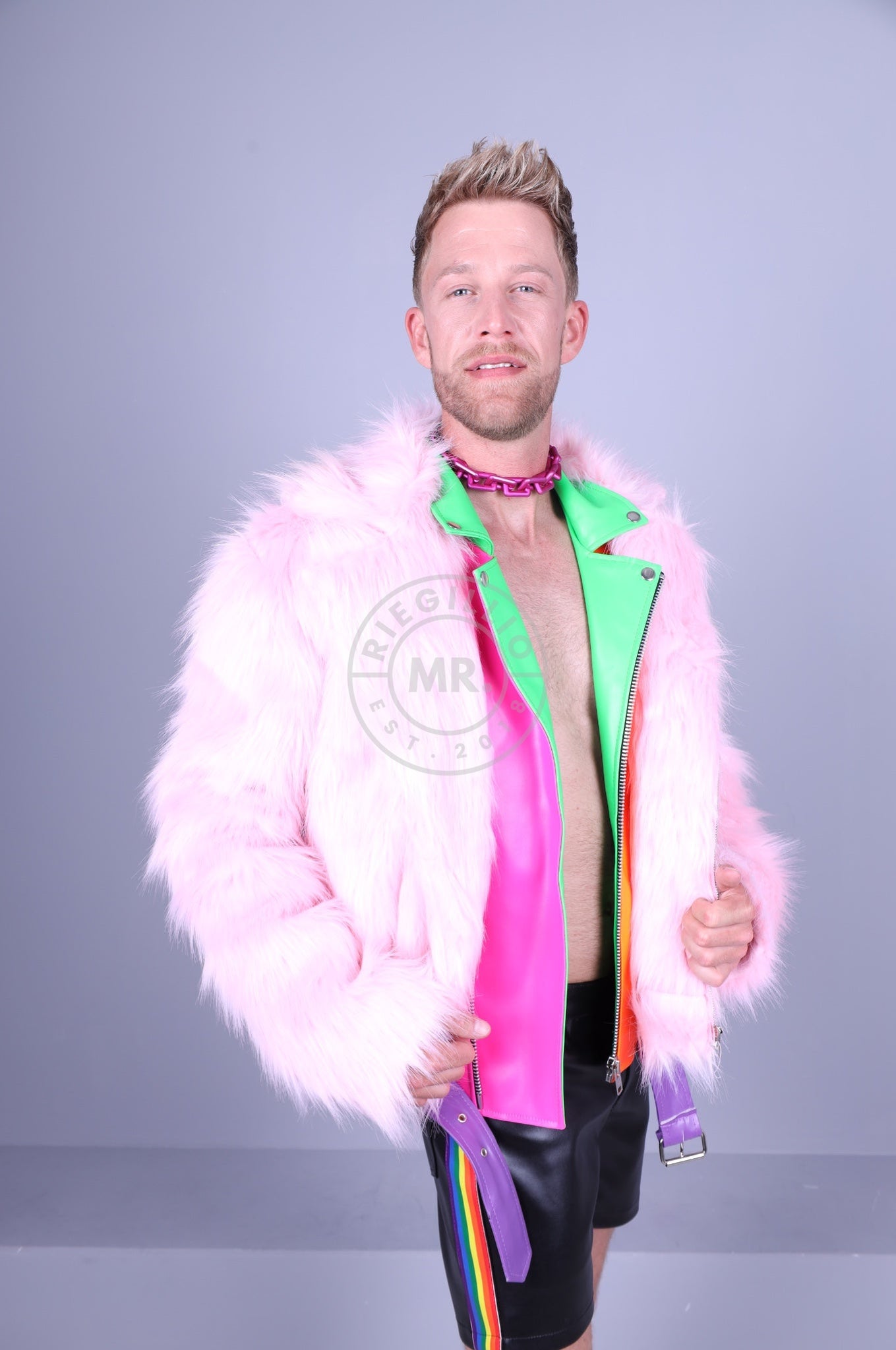 Pink Faux Furr Biker Jacket-at MR. Riegillio