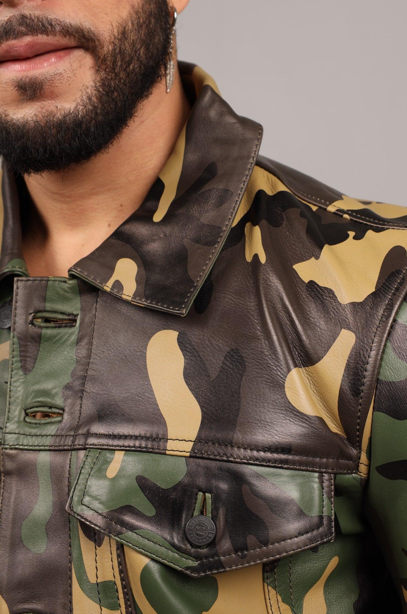 Green Camo Leather Trucker Jacket at MR. Riegillio
