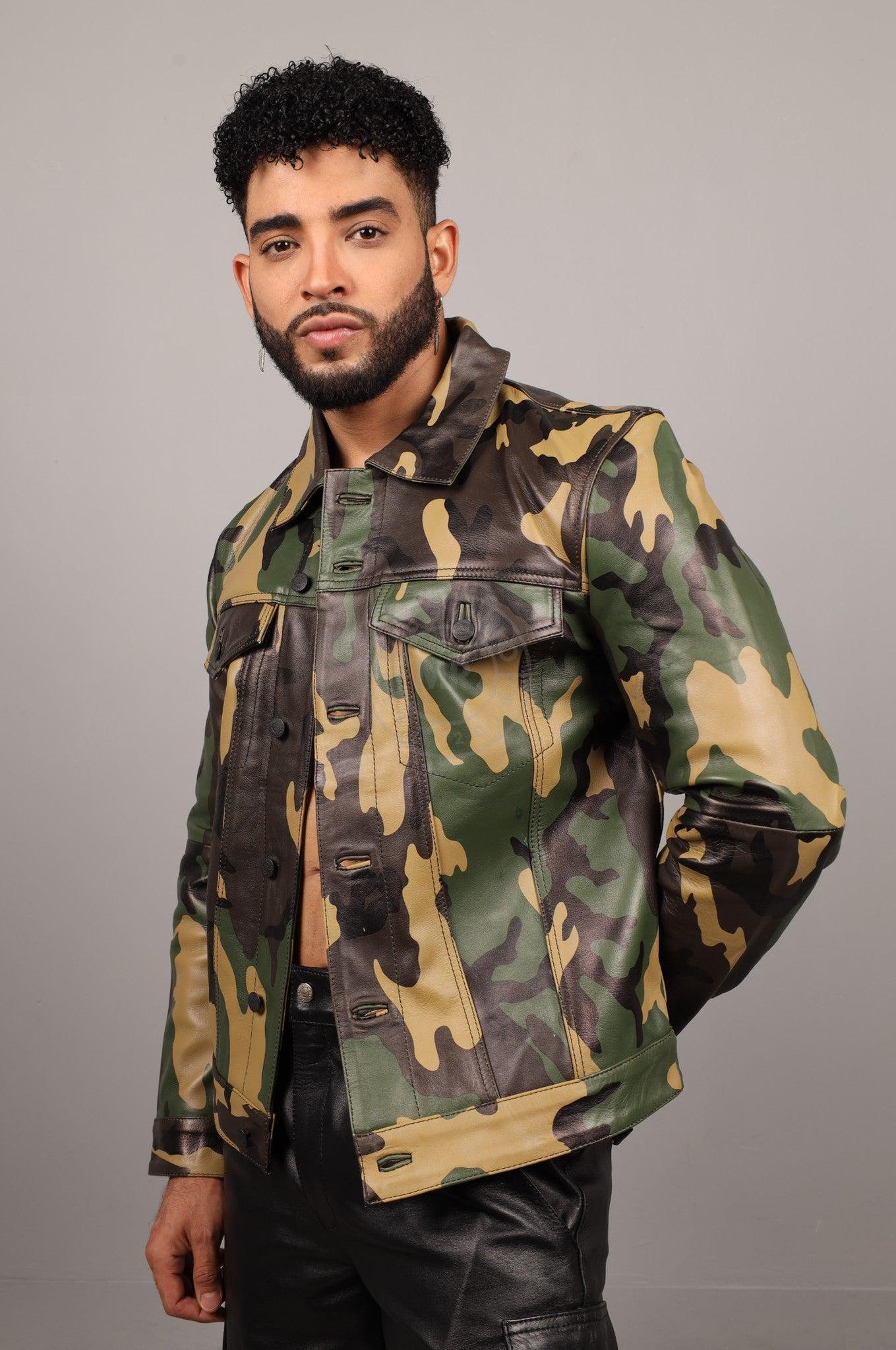 Green Camo Leather Trucker Jacket at MR. Riegillio