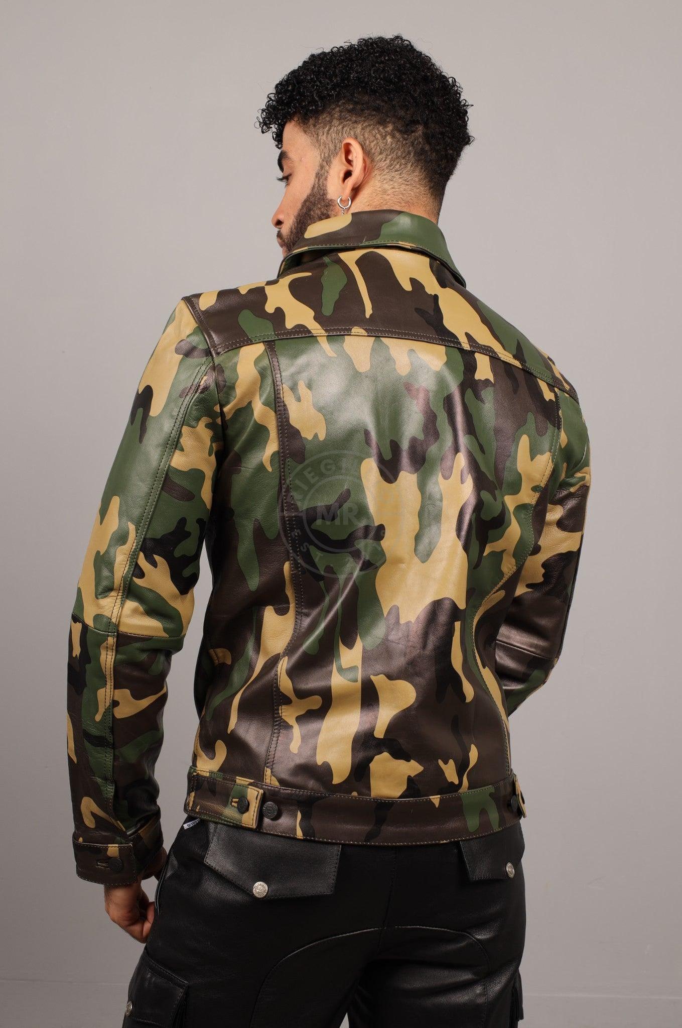 Green Camo Leather Trucker Jacket at MR. Riegillio