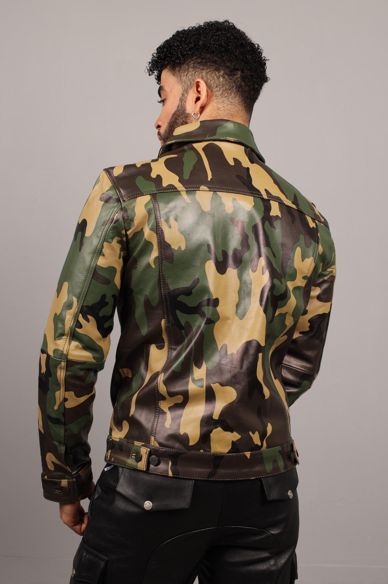 Green Camo Leather Trucker Jacket at MR. Riegillio