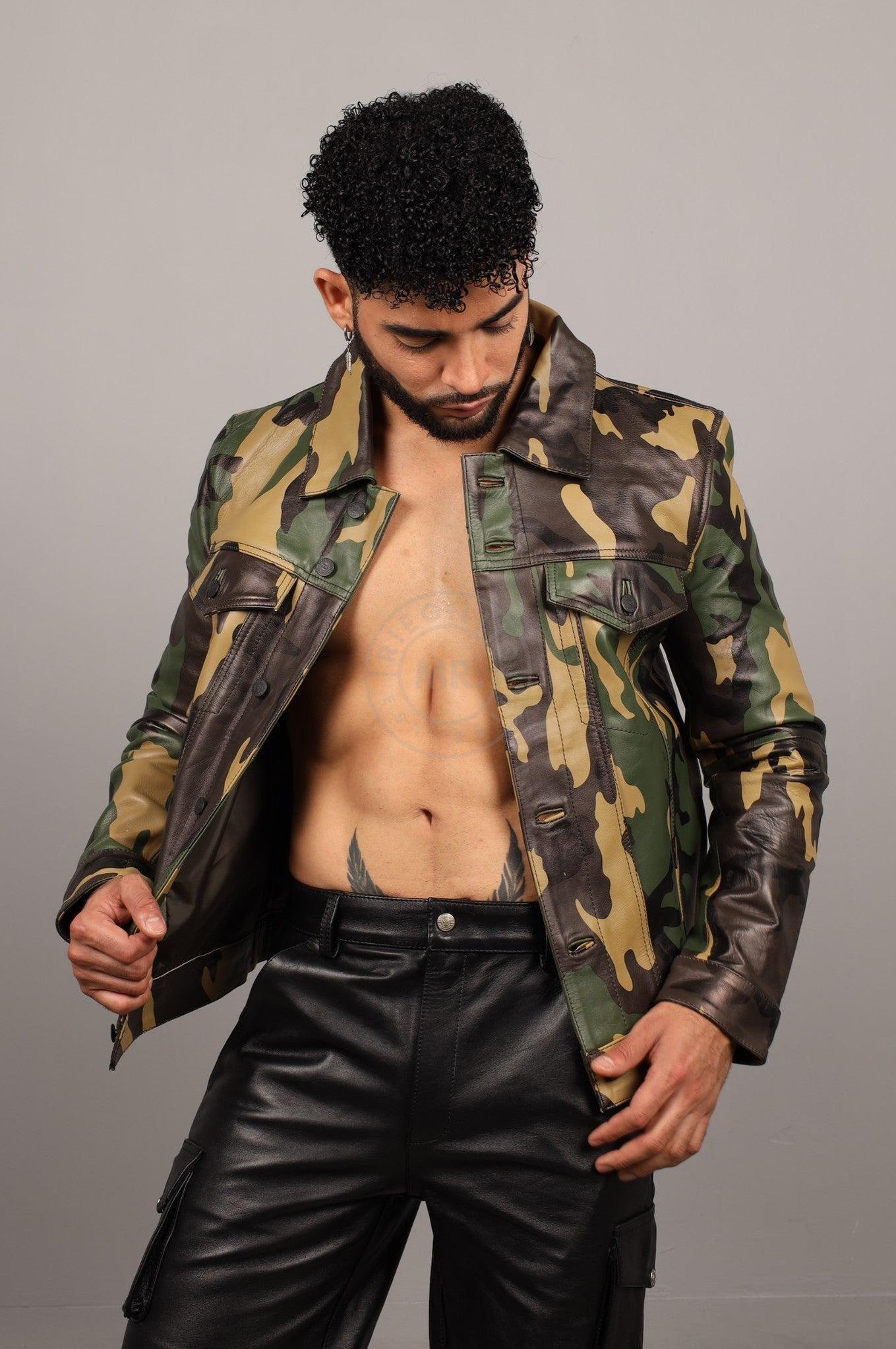 Green Camo Leather Trucker Jacket at MR. Riegillio