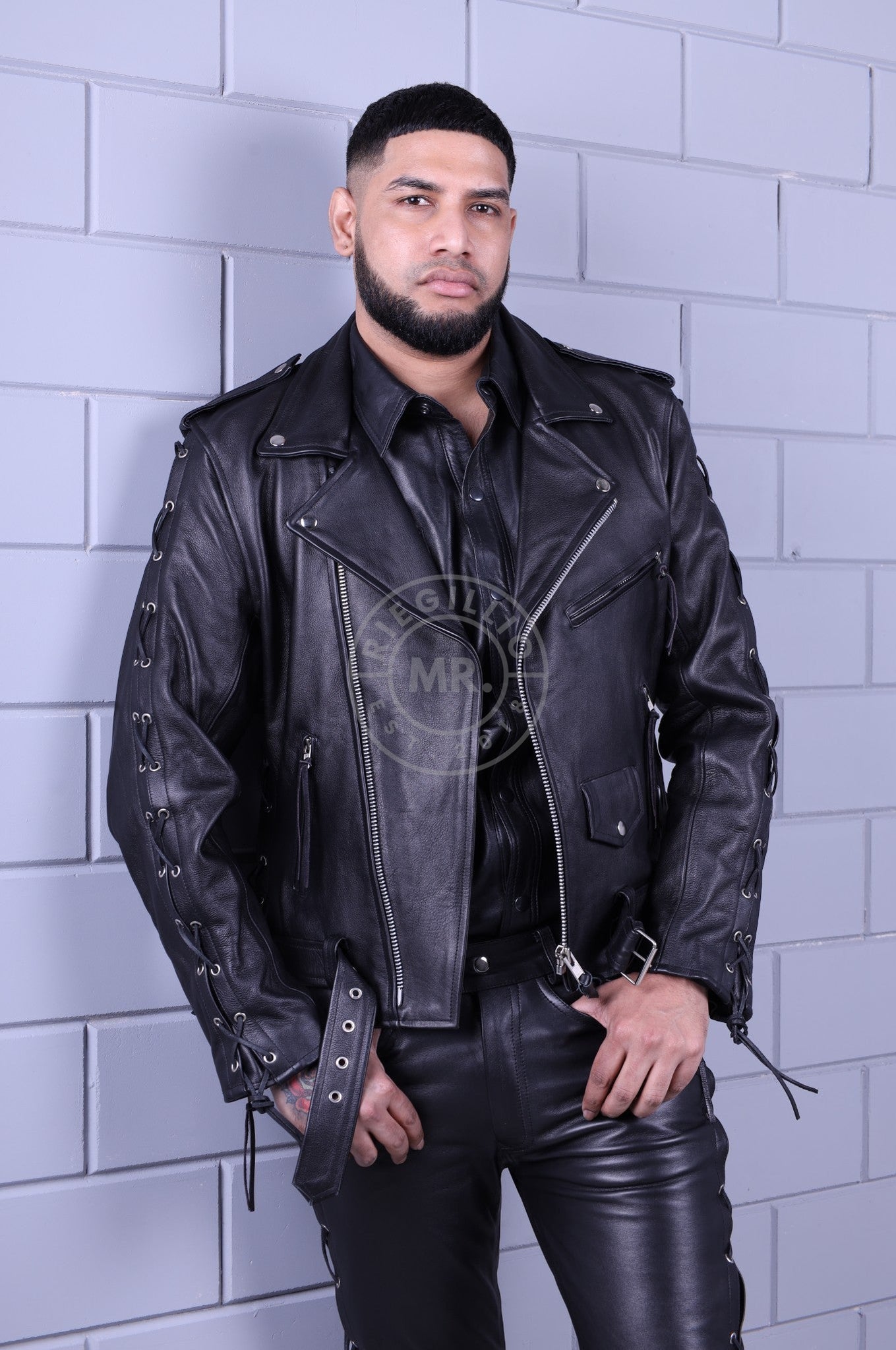 Black Leather Lace Up Brando Jacket *DISCONTINUED ITEM* at MR. Riegillio