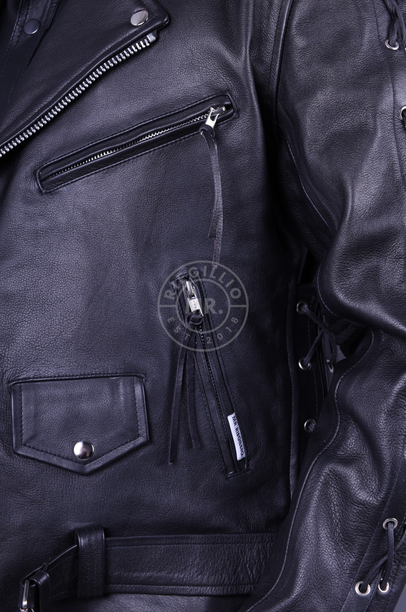 Black Leather Lace Up Brando Jacket *DISCONTINUED ITEM* at MR. Riegillio