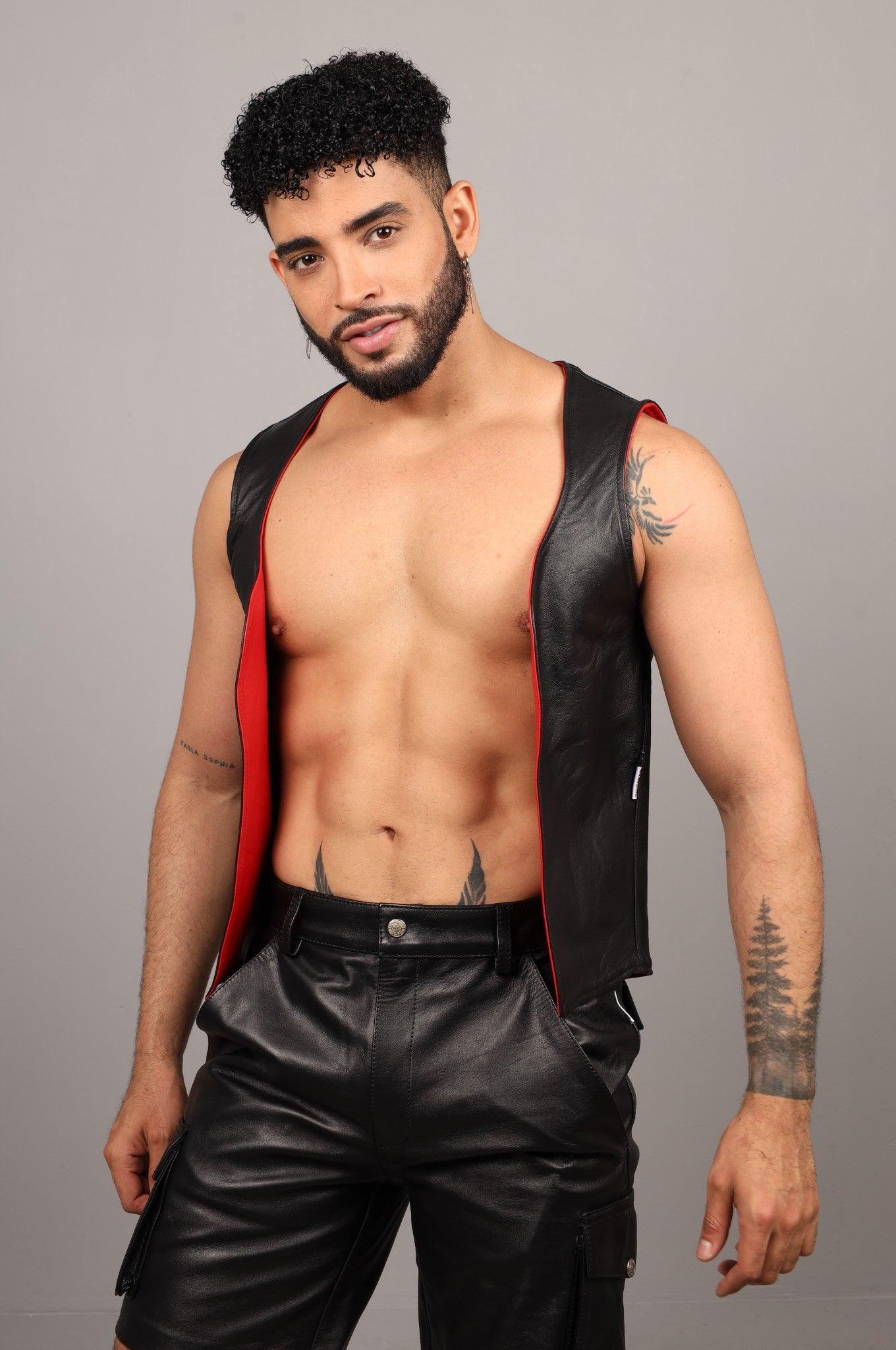 Black Leather Reversible Waistcoat - Red at MR. Riegillio