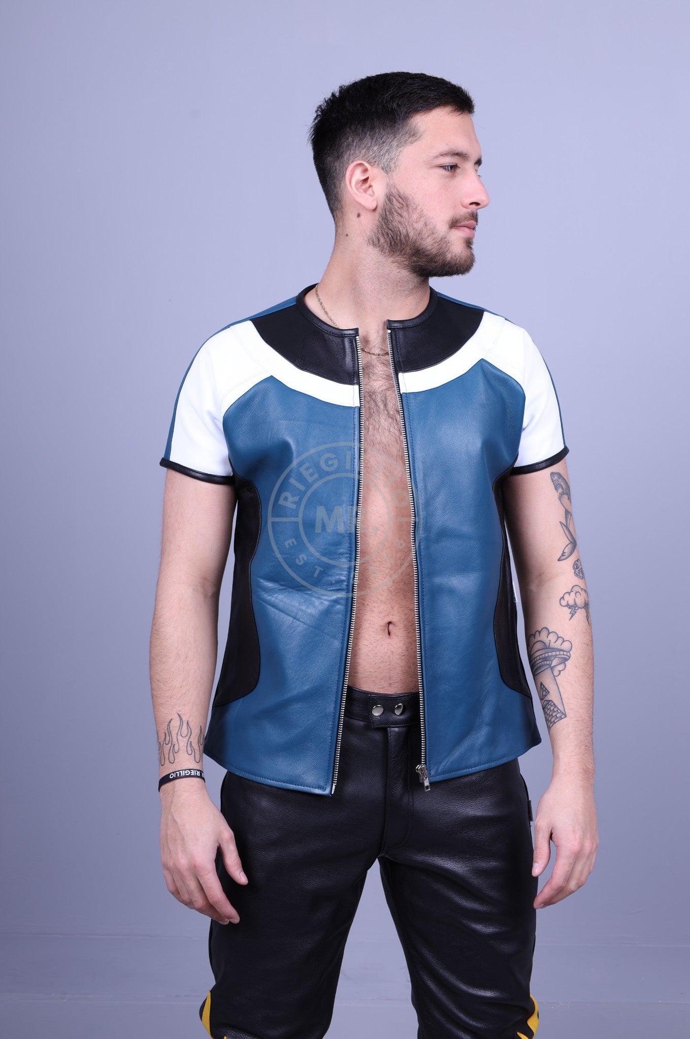 Leather Biker Shirt - Jeans Blue *DISCONTINUED ITEM*-at MR. Riegillio