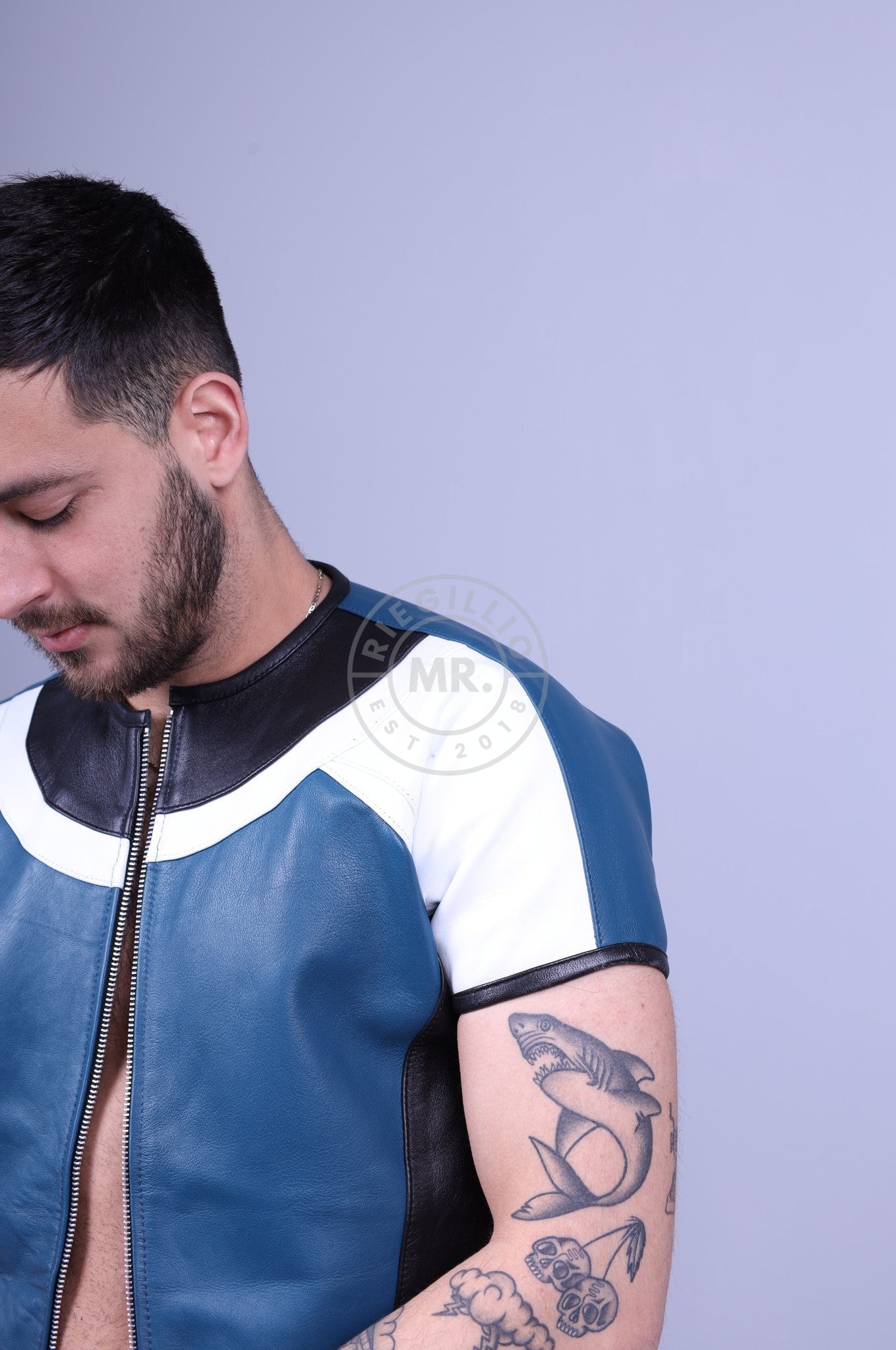 Leather Biker Shirt - Jeans Blue at MR. Riegillio