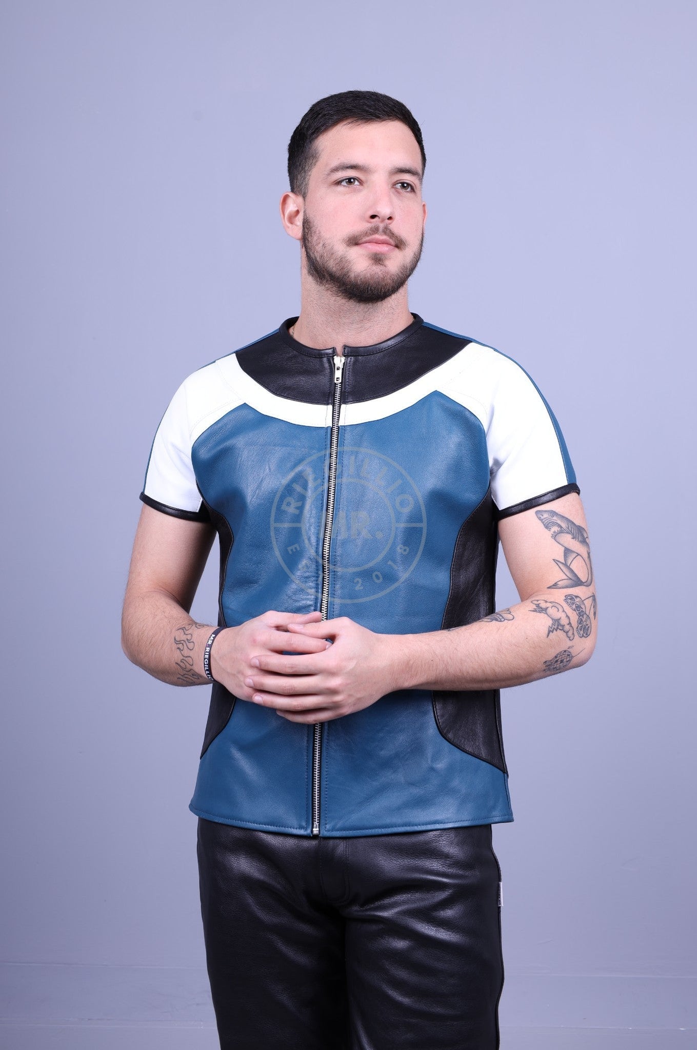 Leather Biker Shirt - Jeans Blue at MR. Riegillio