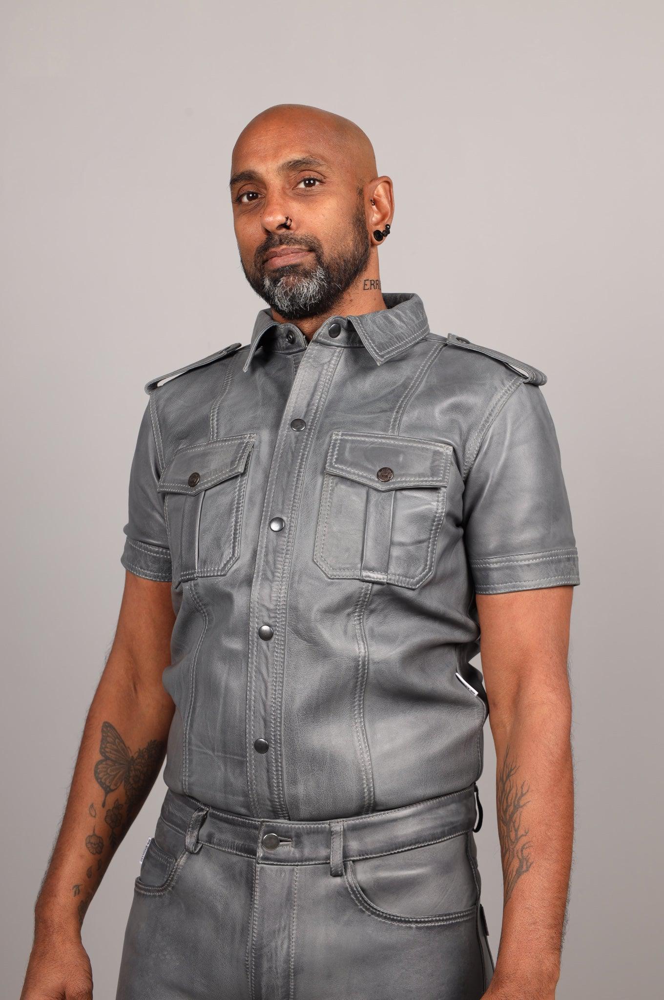 Washed Grey Leather Shirt at MR. Riegillio