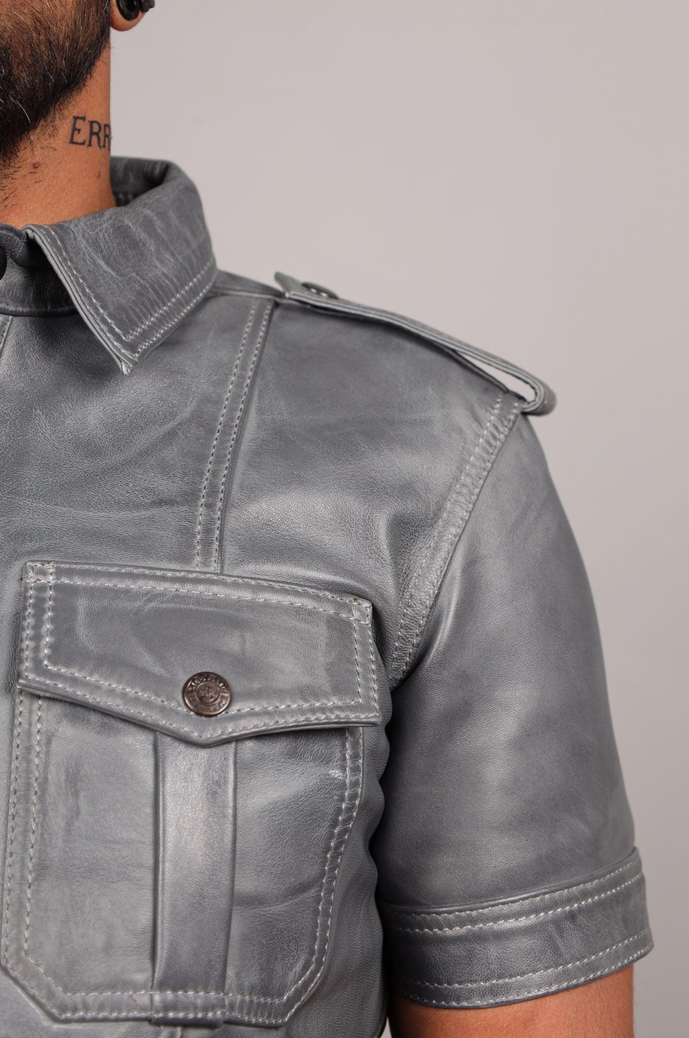 Washed Grey Leather Shirt at MR. Riegillio