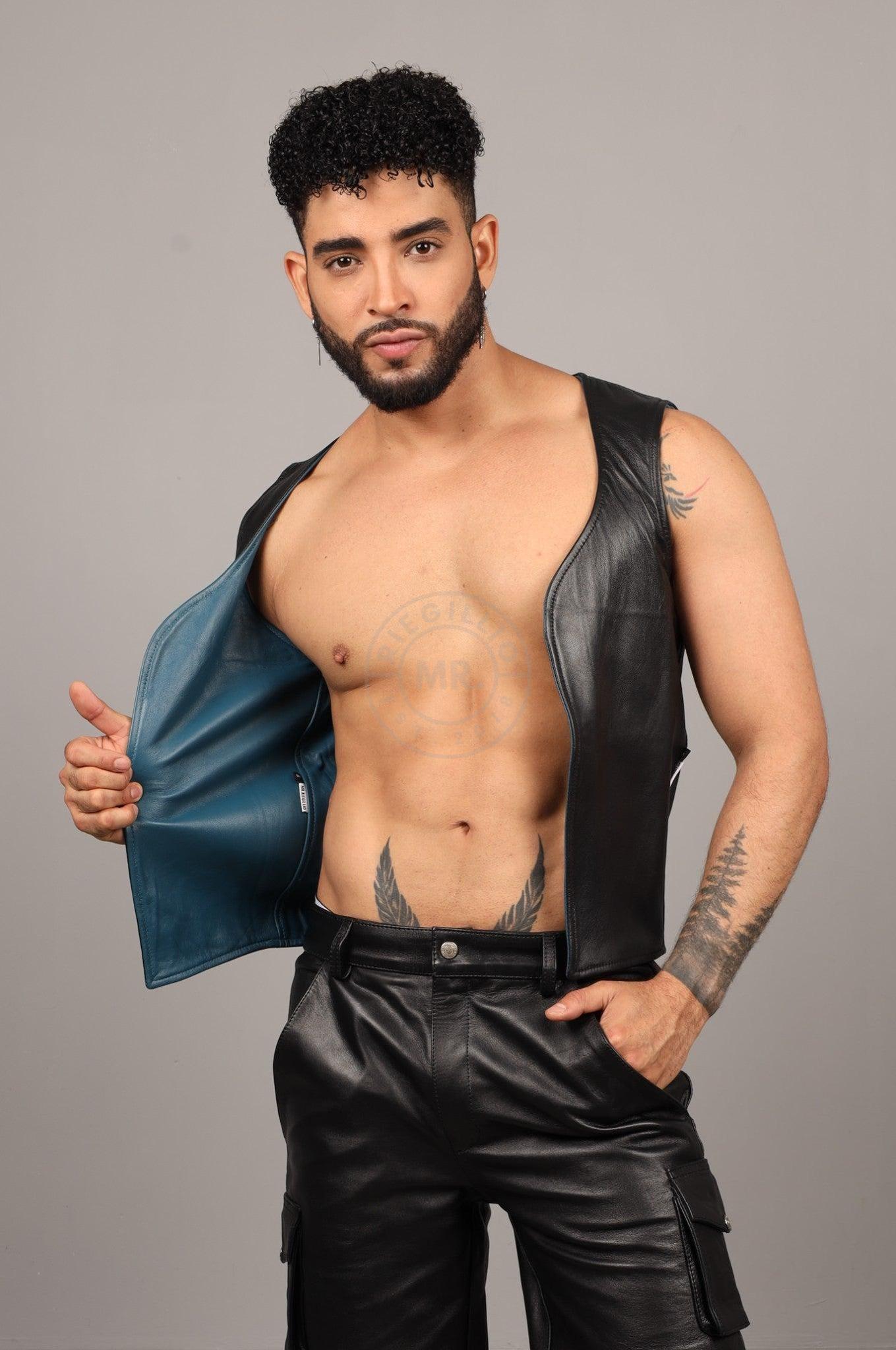Black Leather Reversible Waistcoat - Jeans Blue at MR. Riegillio