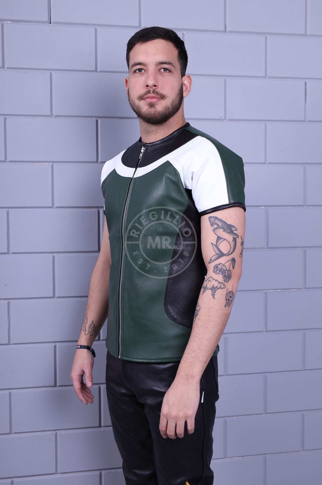 Leather Biker Shirt - Dark Green at MR. Riegillio