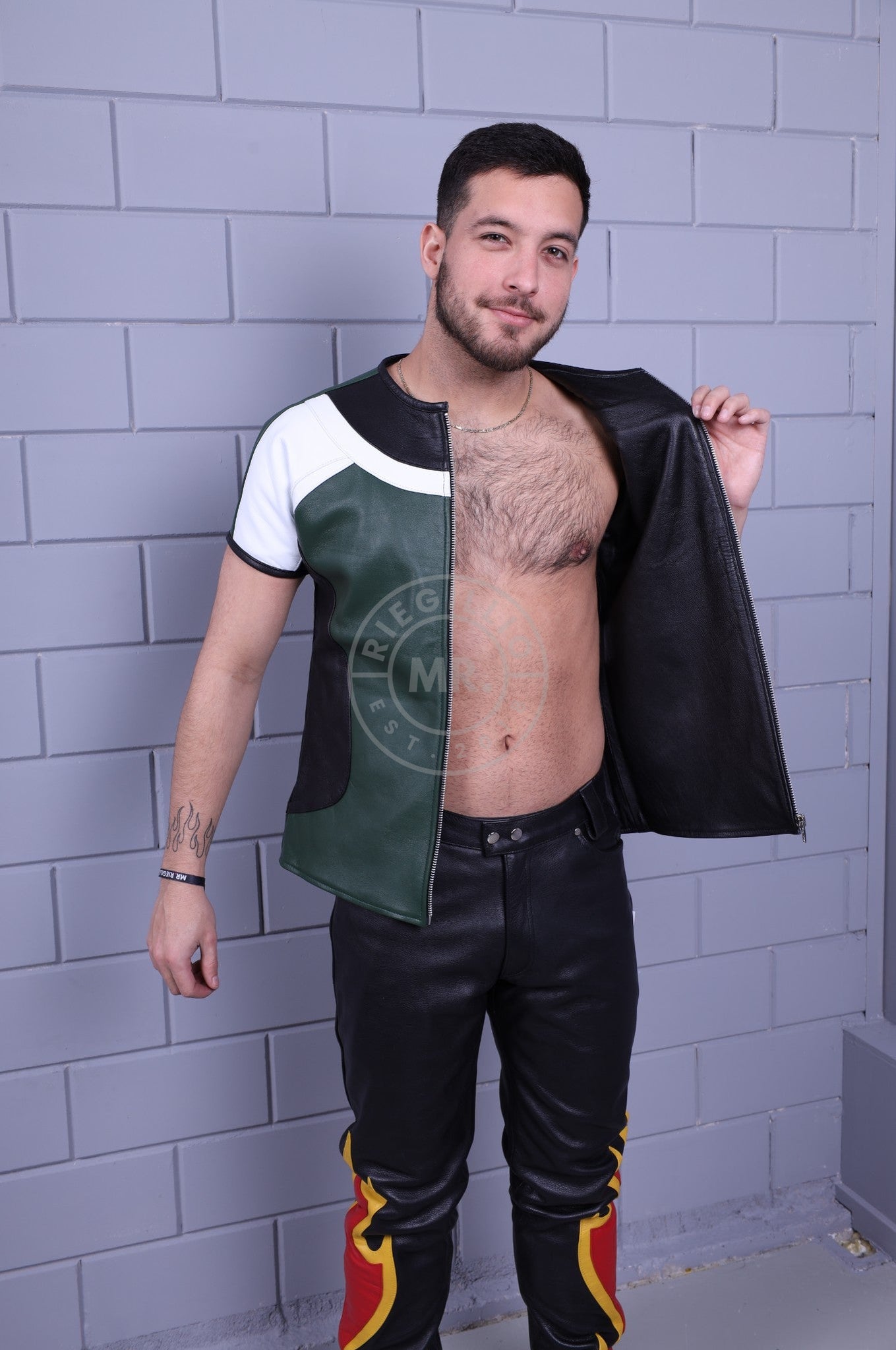 Leather Biker Shirt - Dark Green at MR. Riegillio