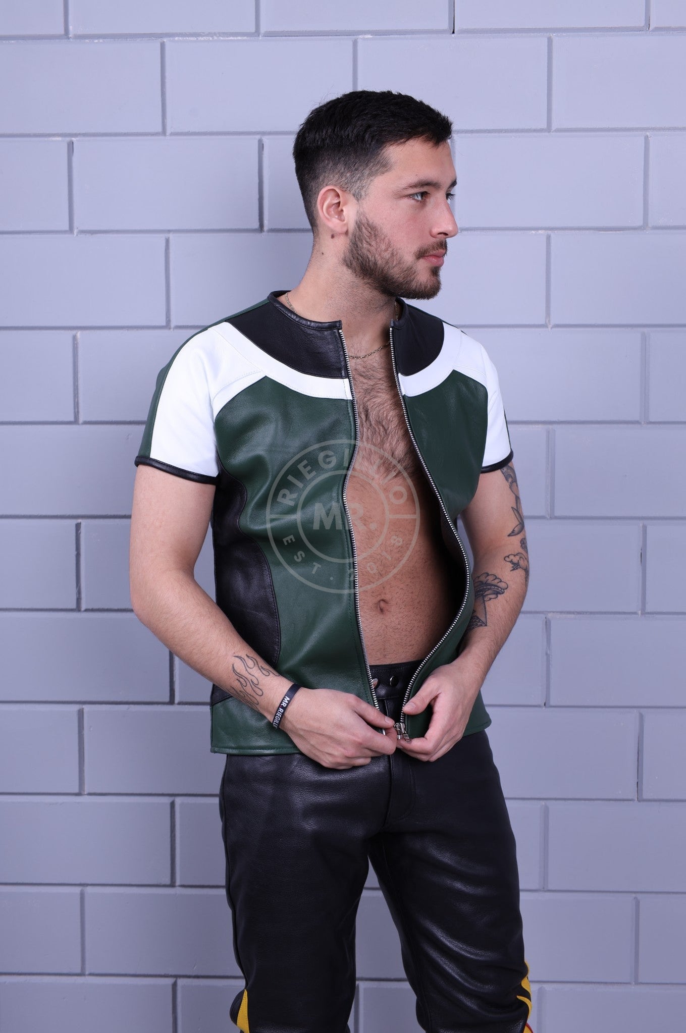 Leather Biker Shirt - Dark Green at MR. Riegillio