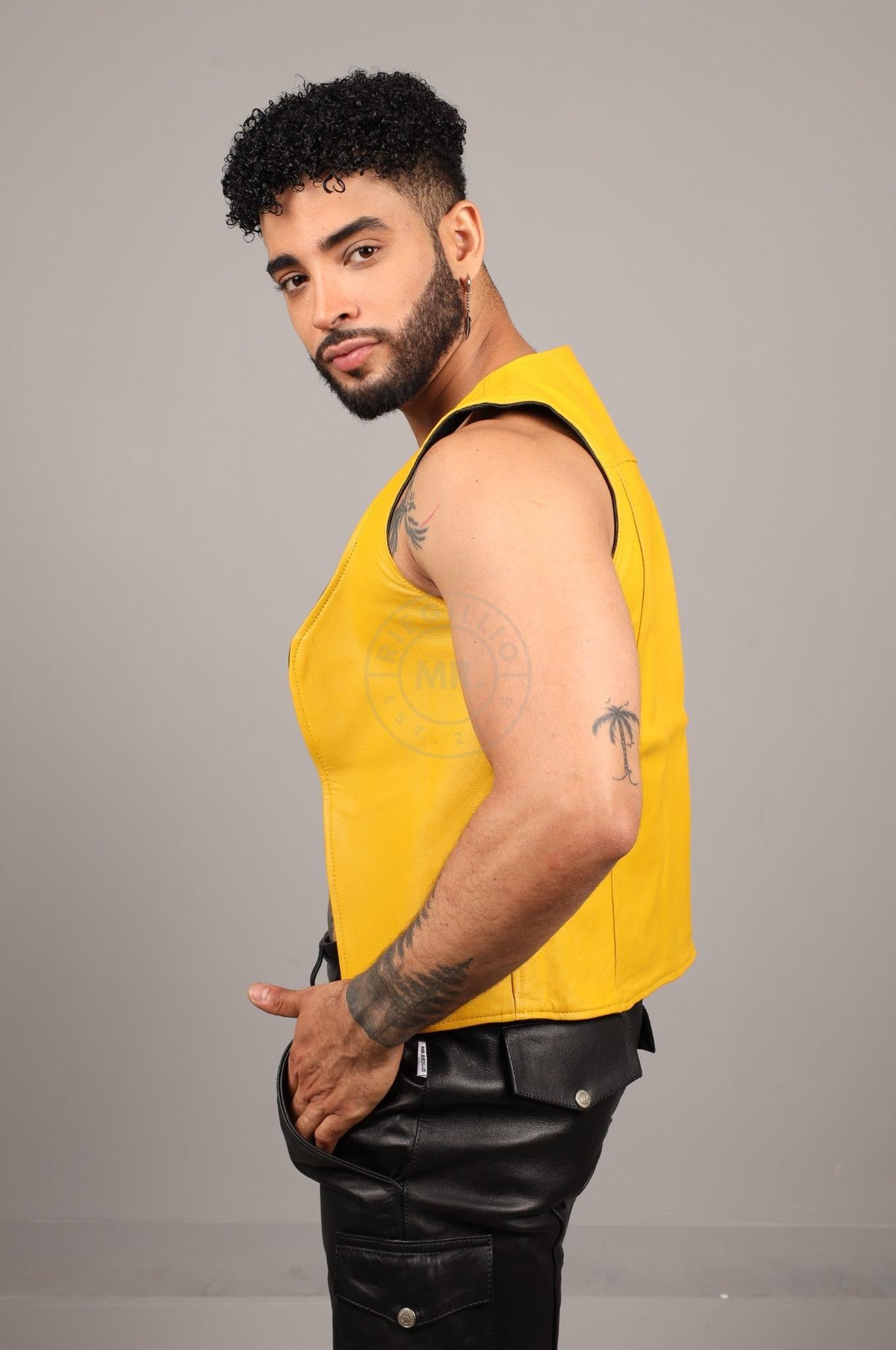 Black Leather Reversible Waistcoat - Yellow at MR. Riegillio