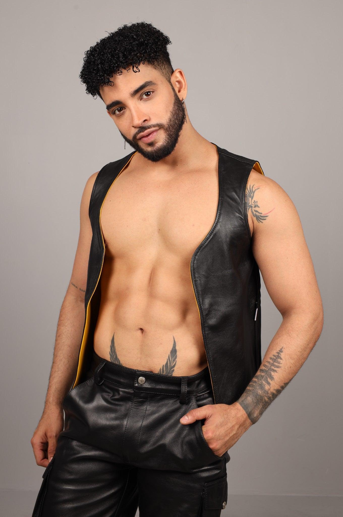 Black Leather Reversible Waistcoat - Yellow at MR. Riegillio