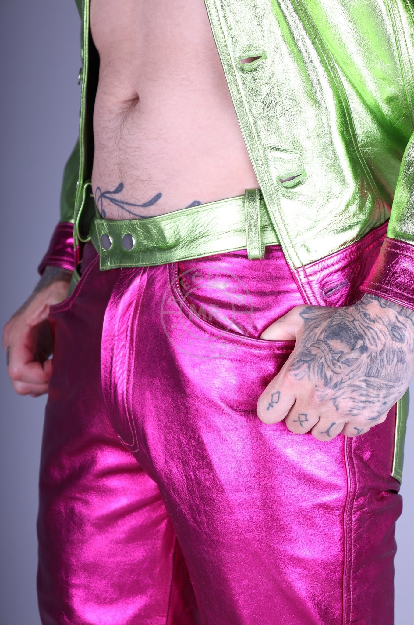Pink Metallic Leather Pants at MR. Riegillio