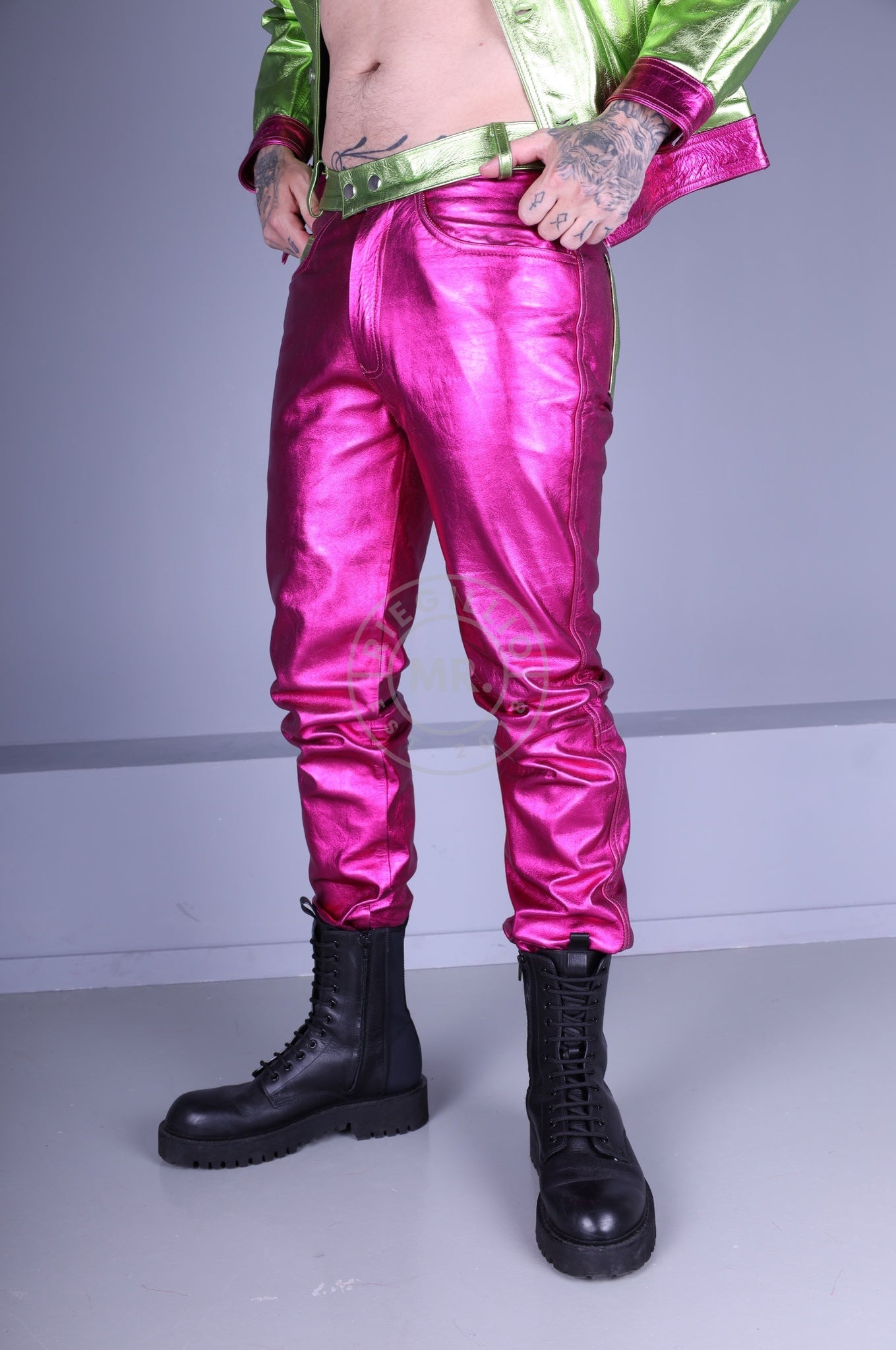 Pink Metallic Leather Pants at MR. Riegillio