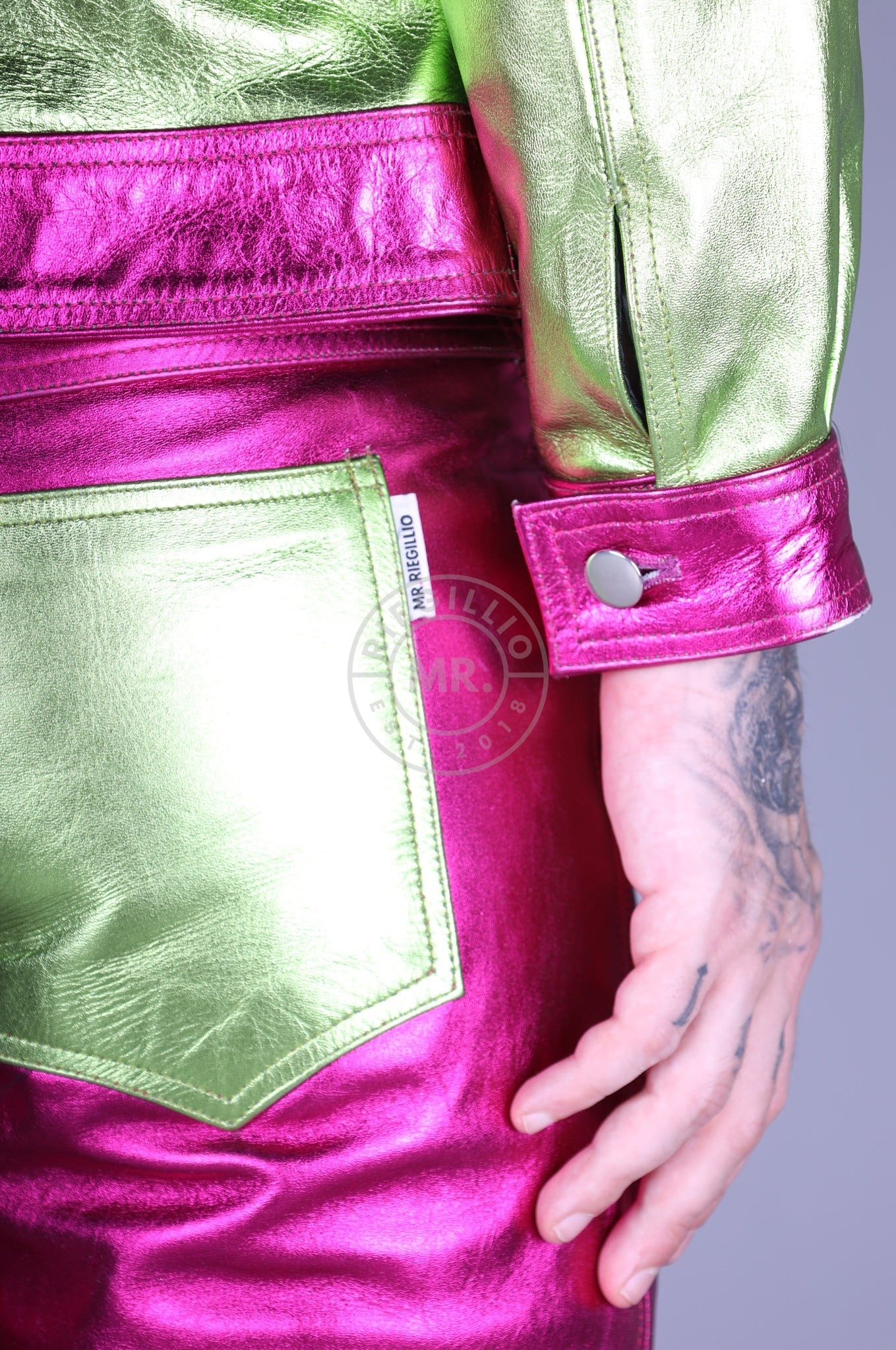 Pink Metallic Leather Pants at MR. Riegillio