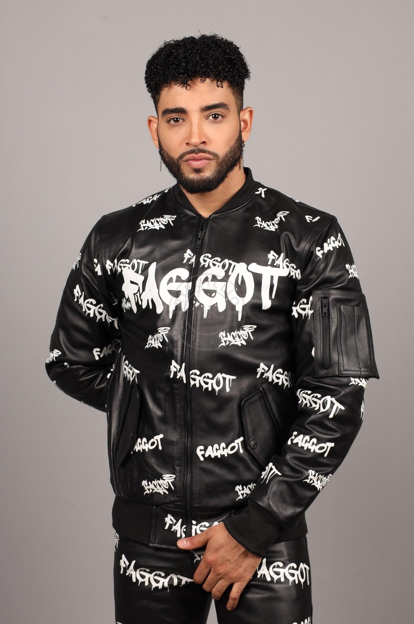 Black Leather Bomber Jacket - FAGGOT at MR. Riegillio