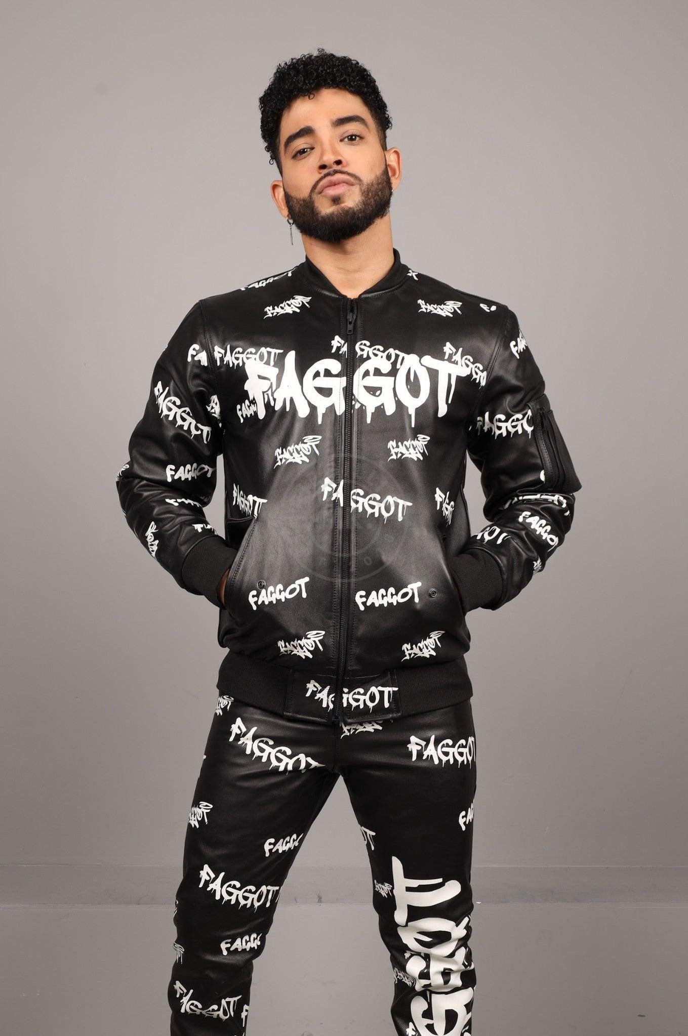 Black Leather Bomber Jacket - FAGGOT at MR. Riegillio