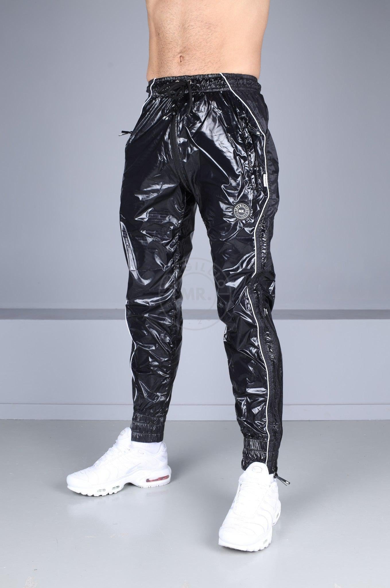 Shiny Nylon 24 Tracksuit Pants Thru Zip - Black at MR. Riegillio