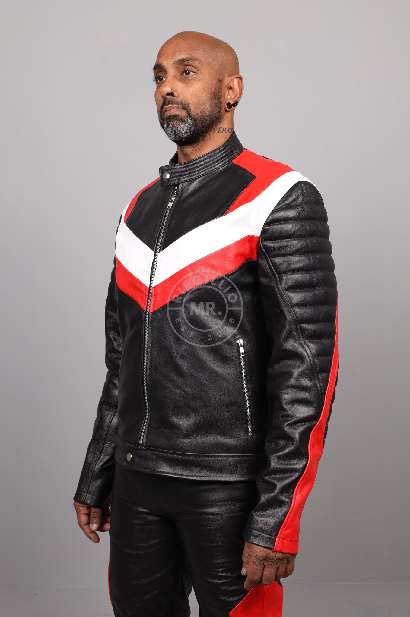 Black Leather Jacket - Red & White Panels at MR. Riegillio