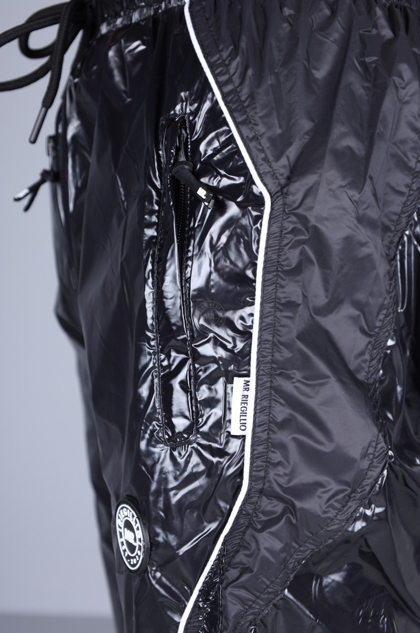 Shiny Nylon 24 Tracksuit Pants Thru Zip - Black at MR. Riegillio