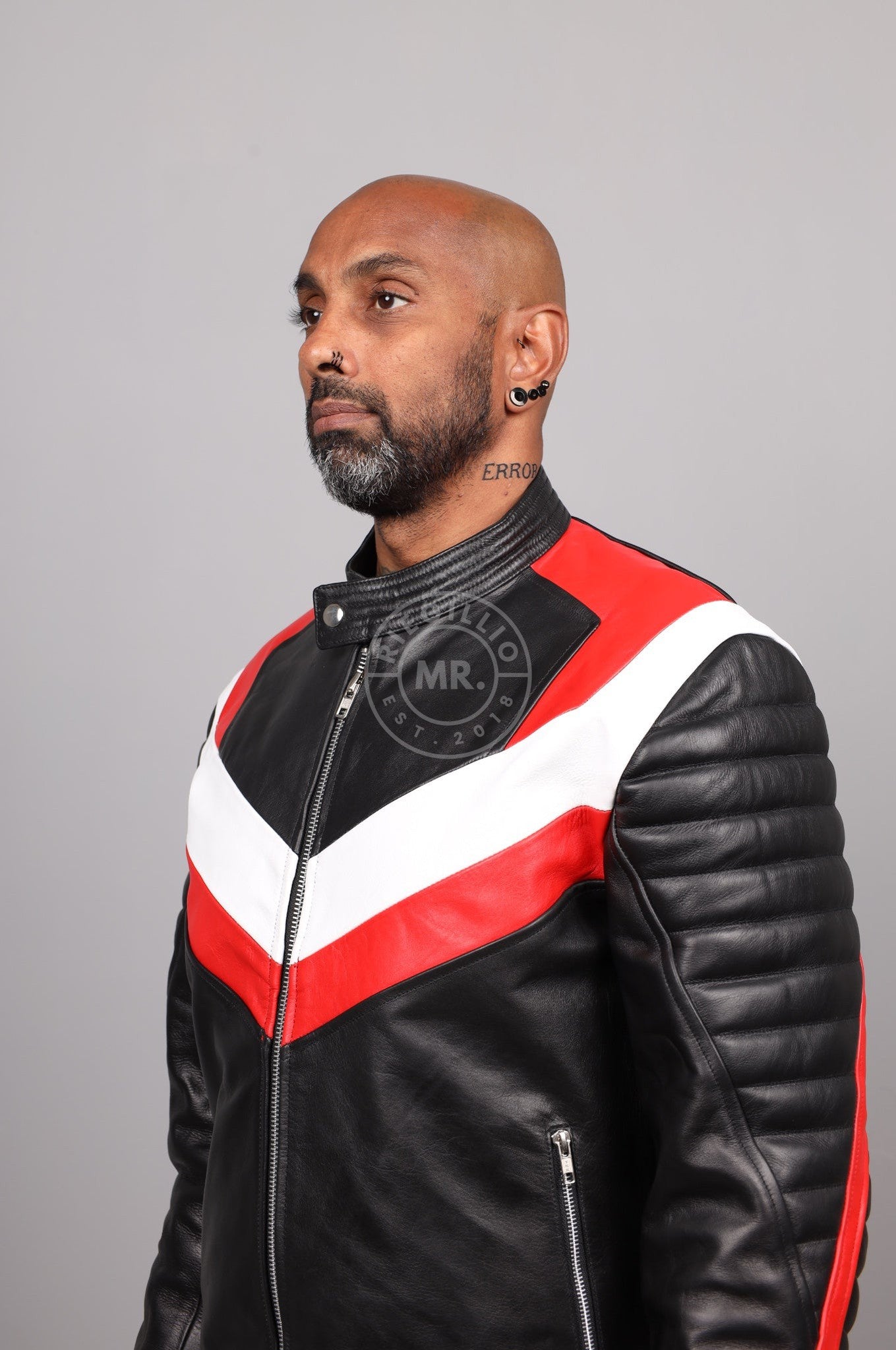 Black Leather Jacket - Red & White Panels at MR. Riegillio