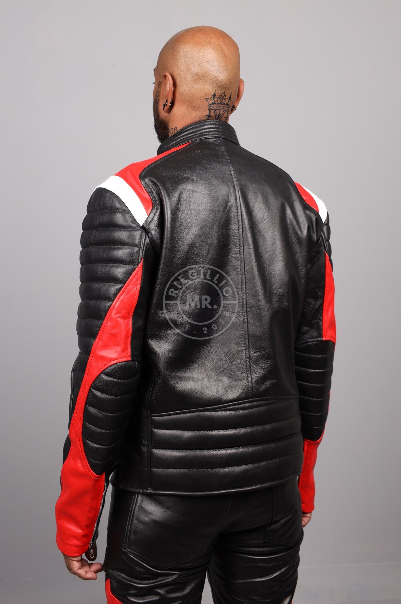 Black Leather Jacket - Red & White Panels at MR. Riegillio