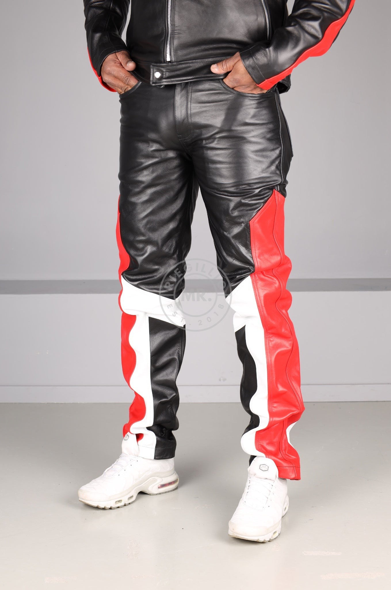 Black Leather 5 Pocket Pants - Red & White Panels at MR. Riegillio