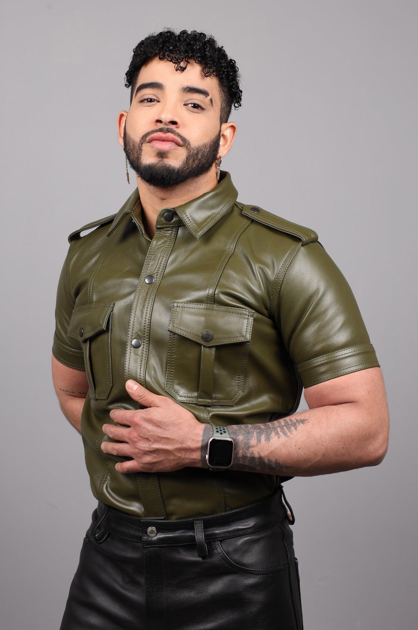 Army Green Leather Shirt at MR. Riegillio