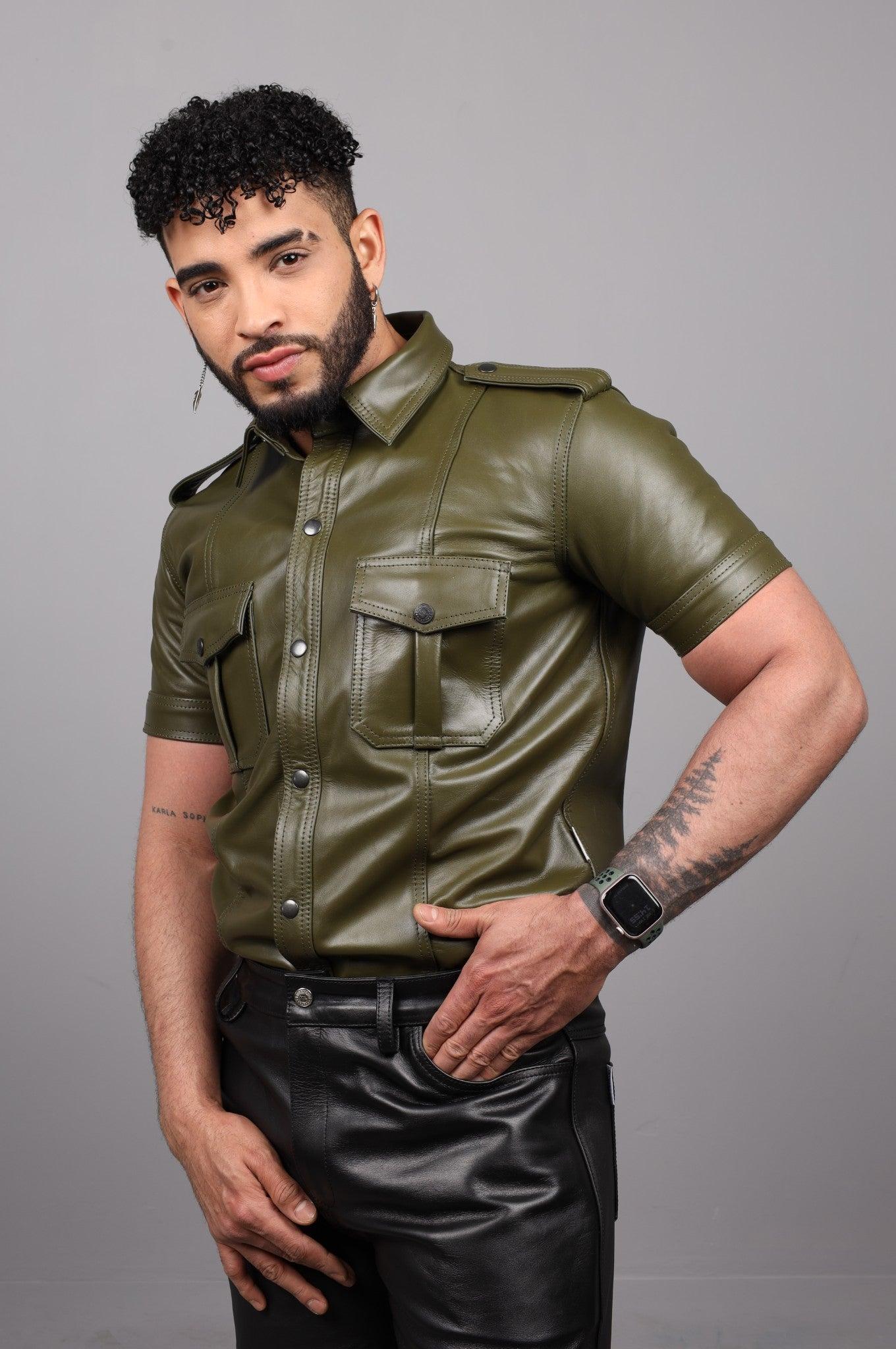 Army Green Leather Shirt at MR. Riegillio