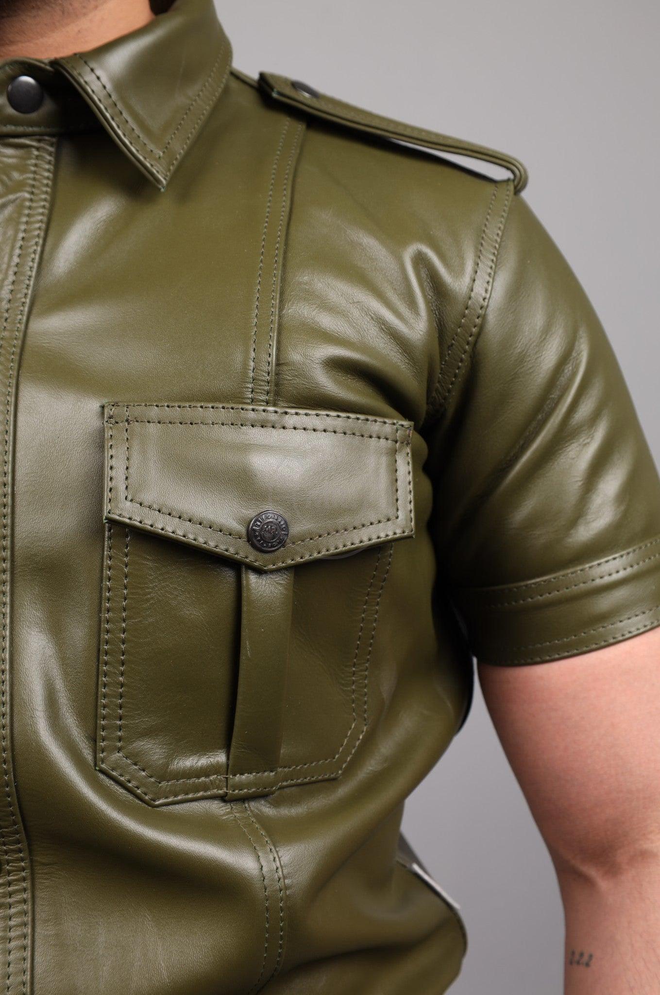 Army Green Leather Shirt at MR. Riegillio