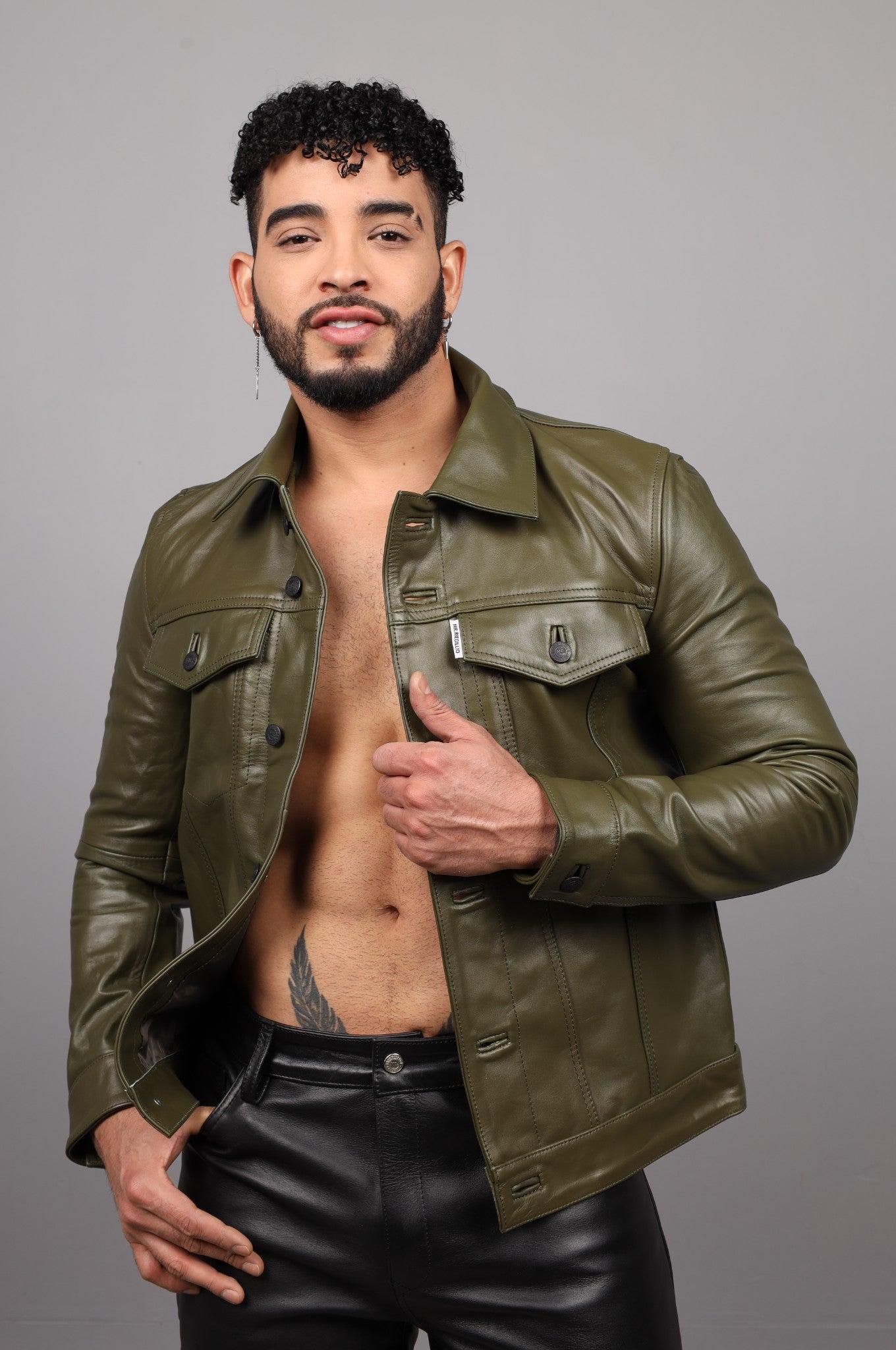 Army Green Leather Trucker Jacket at MR. Riegillio