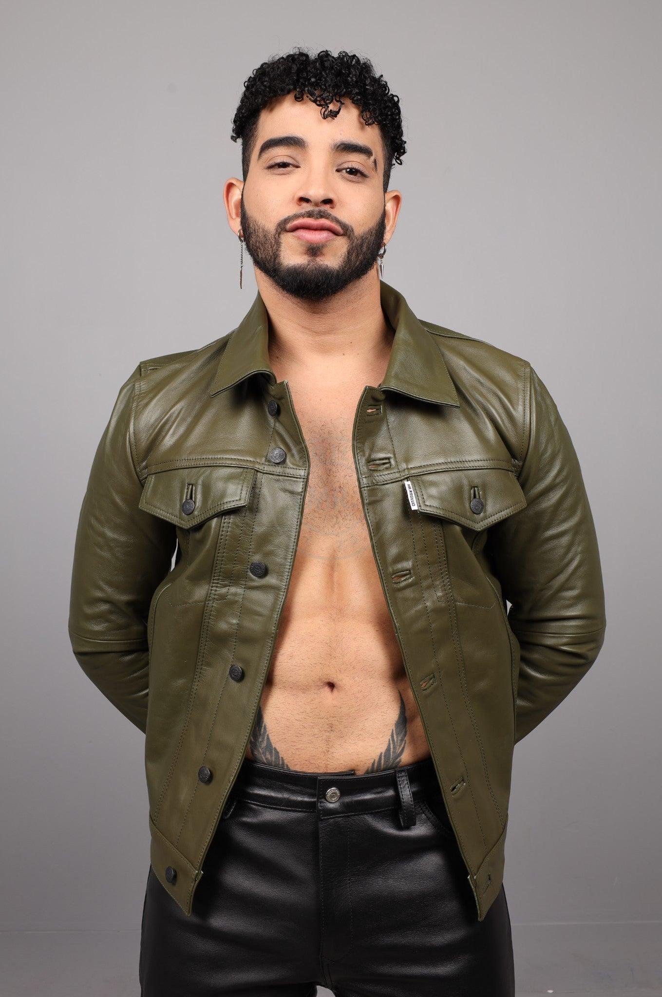 Army Green Leather Trucker Jacket at MR. Riegillio
