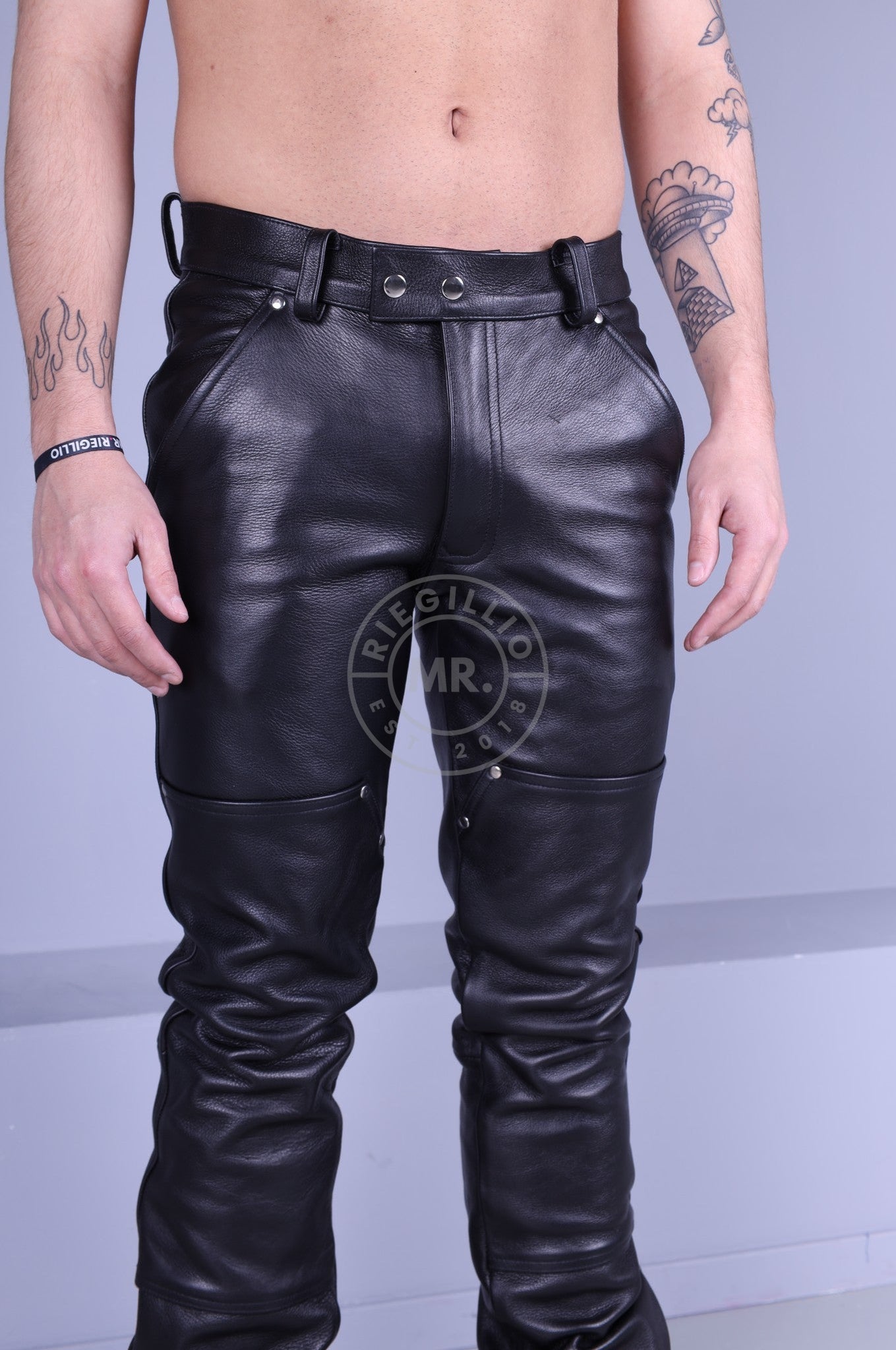 Black Leather Carpenter Pants at MR. Riegillio