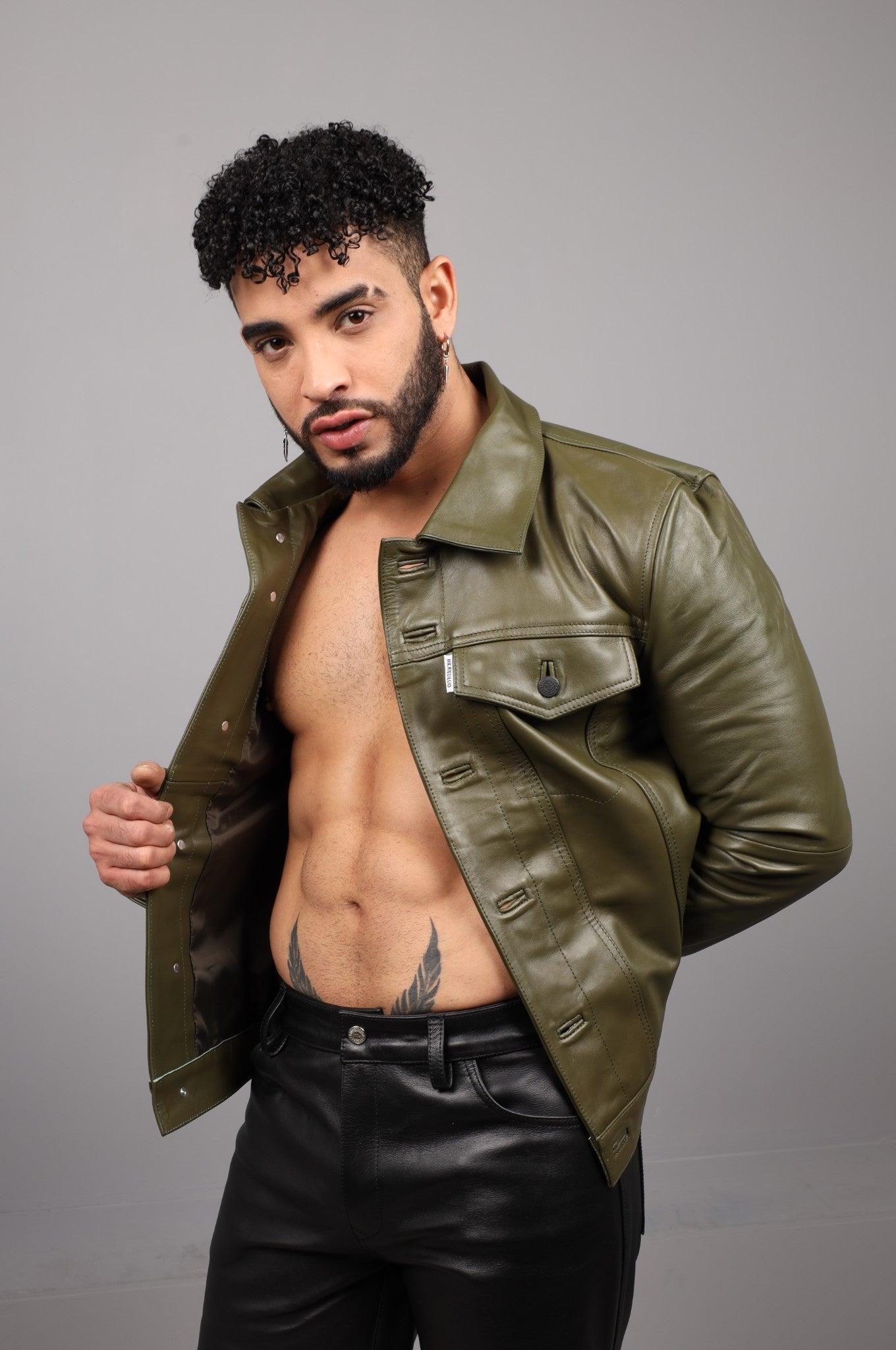 Army Green Leather Trucker Jacket at MR. Riegillio