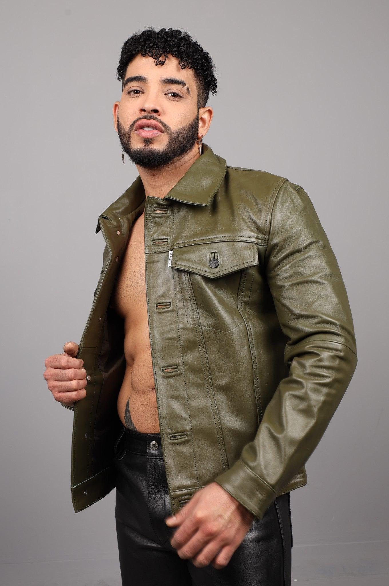 Army Green Leather Trucker Jacket at MR. Riegillio